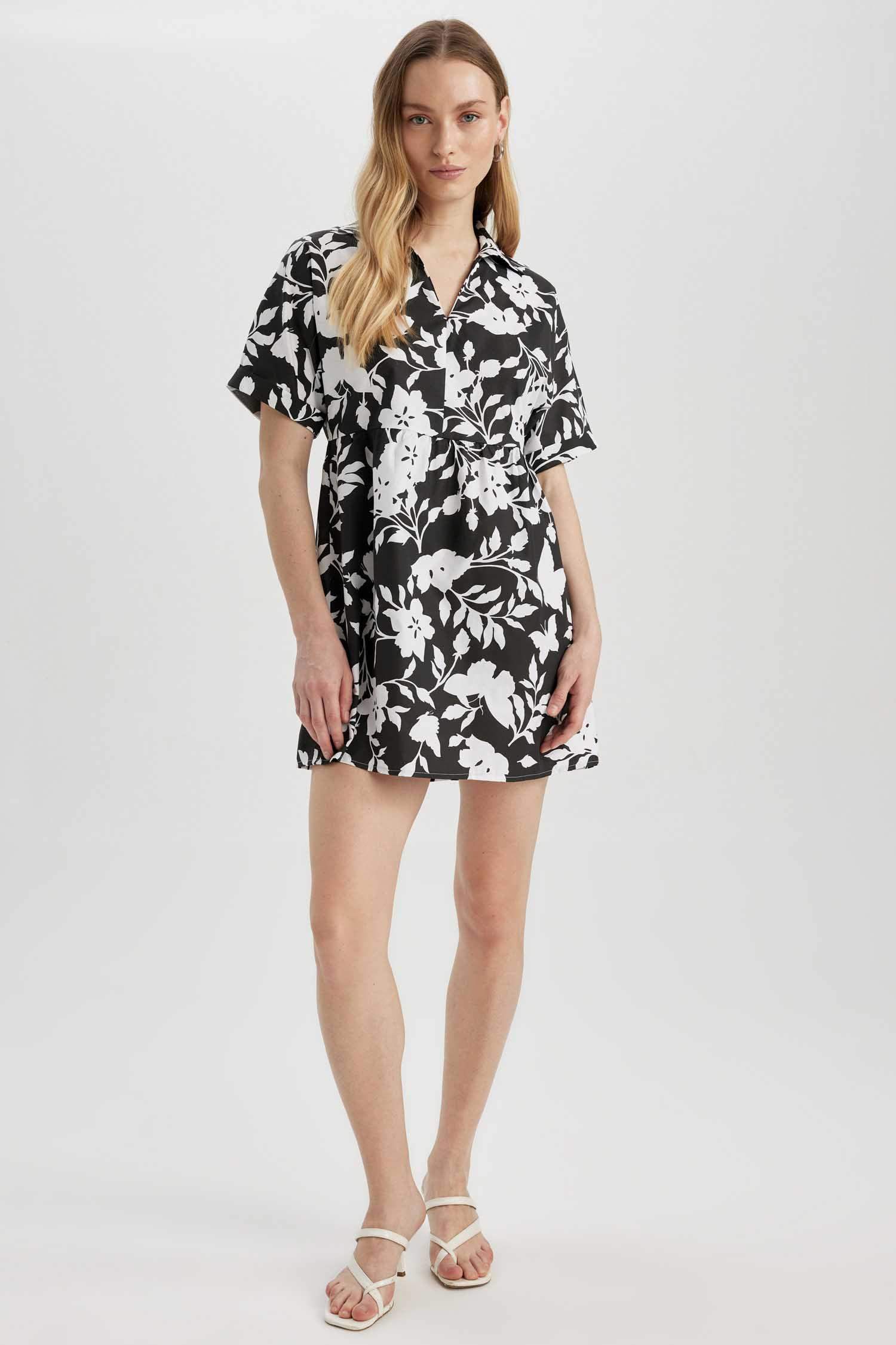 Shirt Collar Patterned Terry Cotton Mini Dress