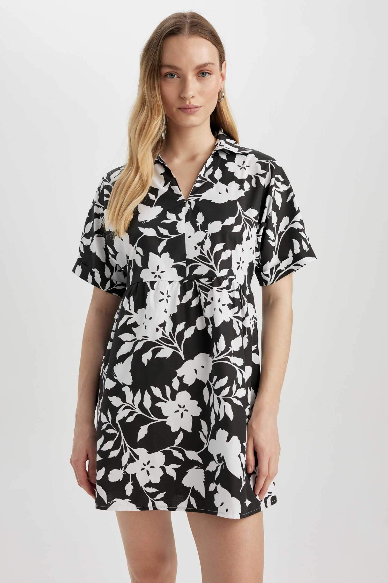 Shirt Collar Patterned Terry Cotton Mini Dress