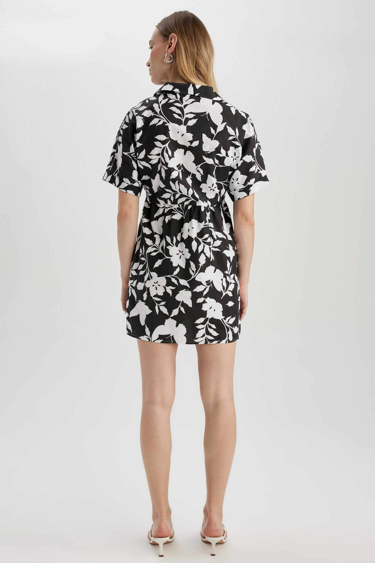 Shirt Collar Patterned Terry Cotton Mini Dress
