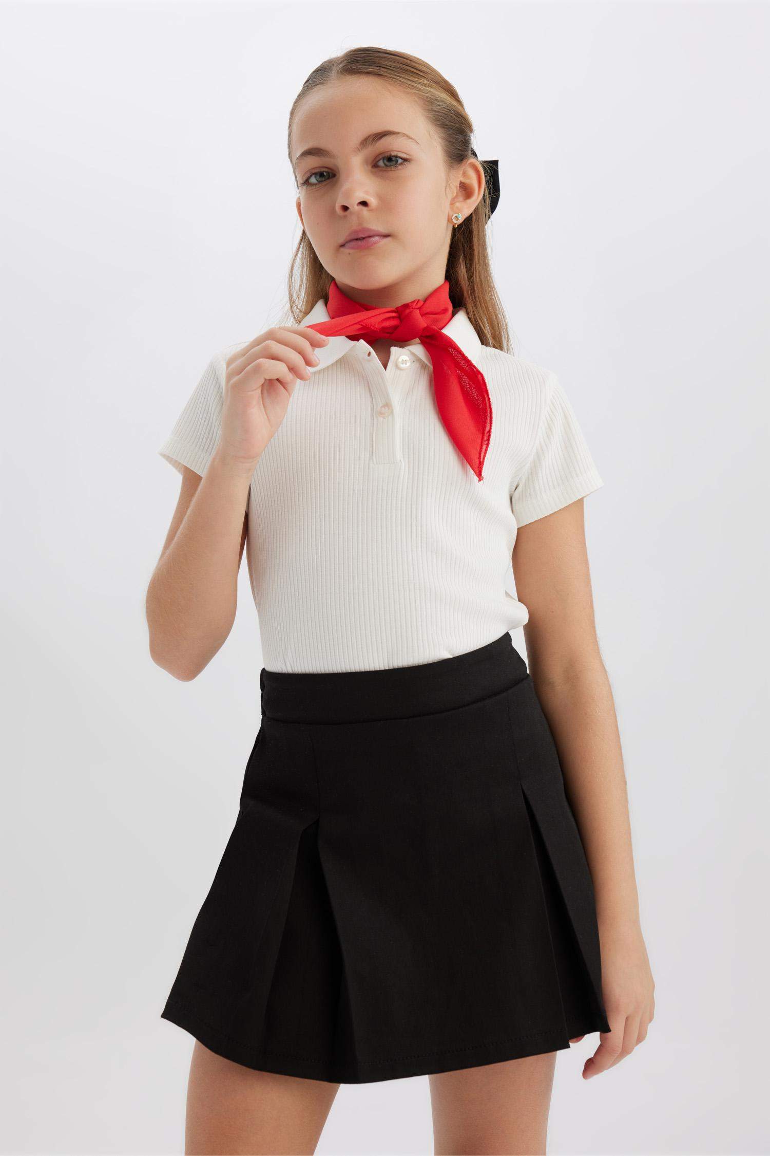 Kız Çocuk Slim Fit Dar Kesim Polo Yaka Basic Düz Fitilli Kaşkorse Kısa Kollu Tişört