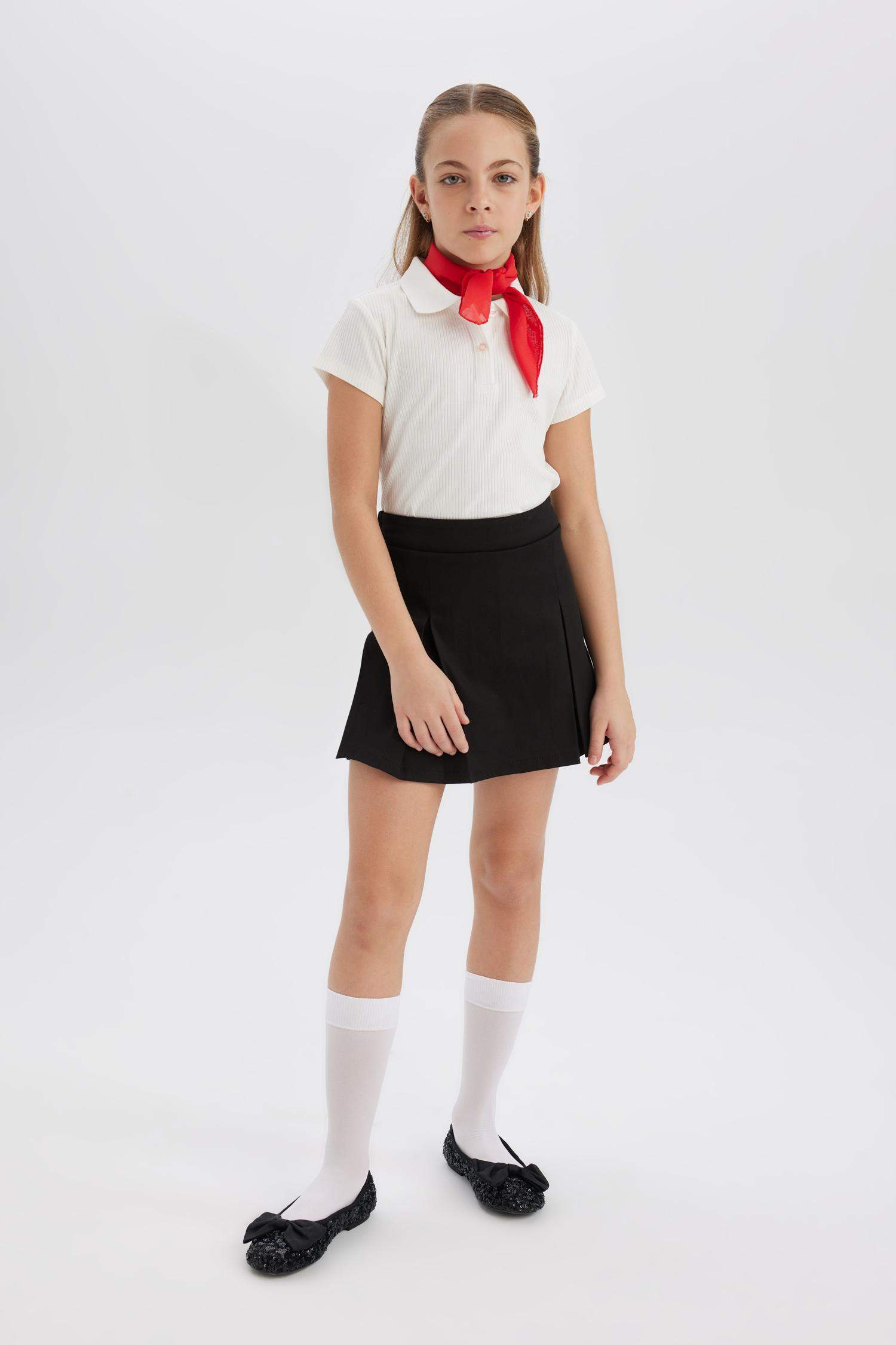 Kız Çocuk Slim Fit Dar Kesim Polo Yaka Basic Düz Fitilli Kaşkorse Kısa Kollu Tişört