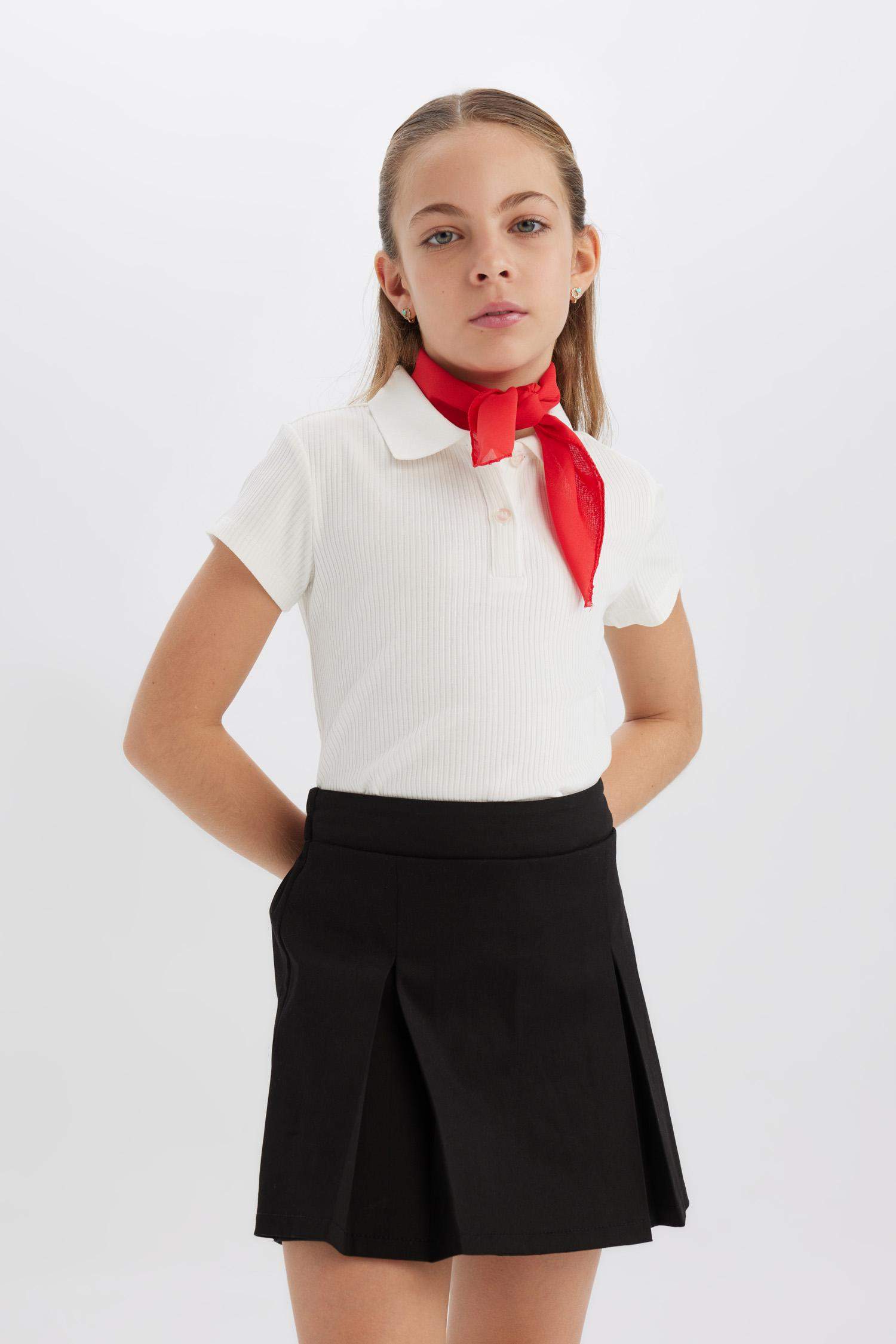 Kız Çocuk Slim Fit Dar Kesim Polo Yaka Basic Düz Fitilli Kaşkorse Kısa Kollu Tişört