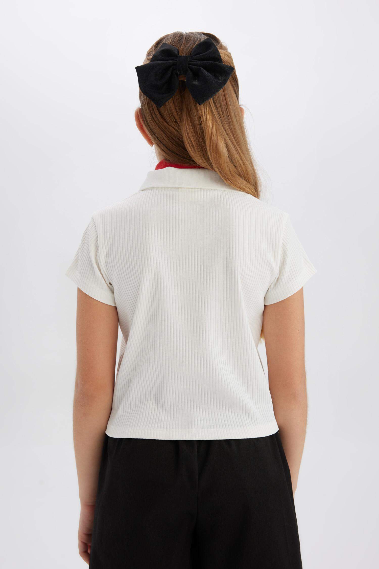 Kız Çocuk Slim Fit Dar Kesim Polo Yaka Basic Düz Fitilli Kaşkorse Kısa Kollu Tişört