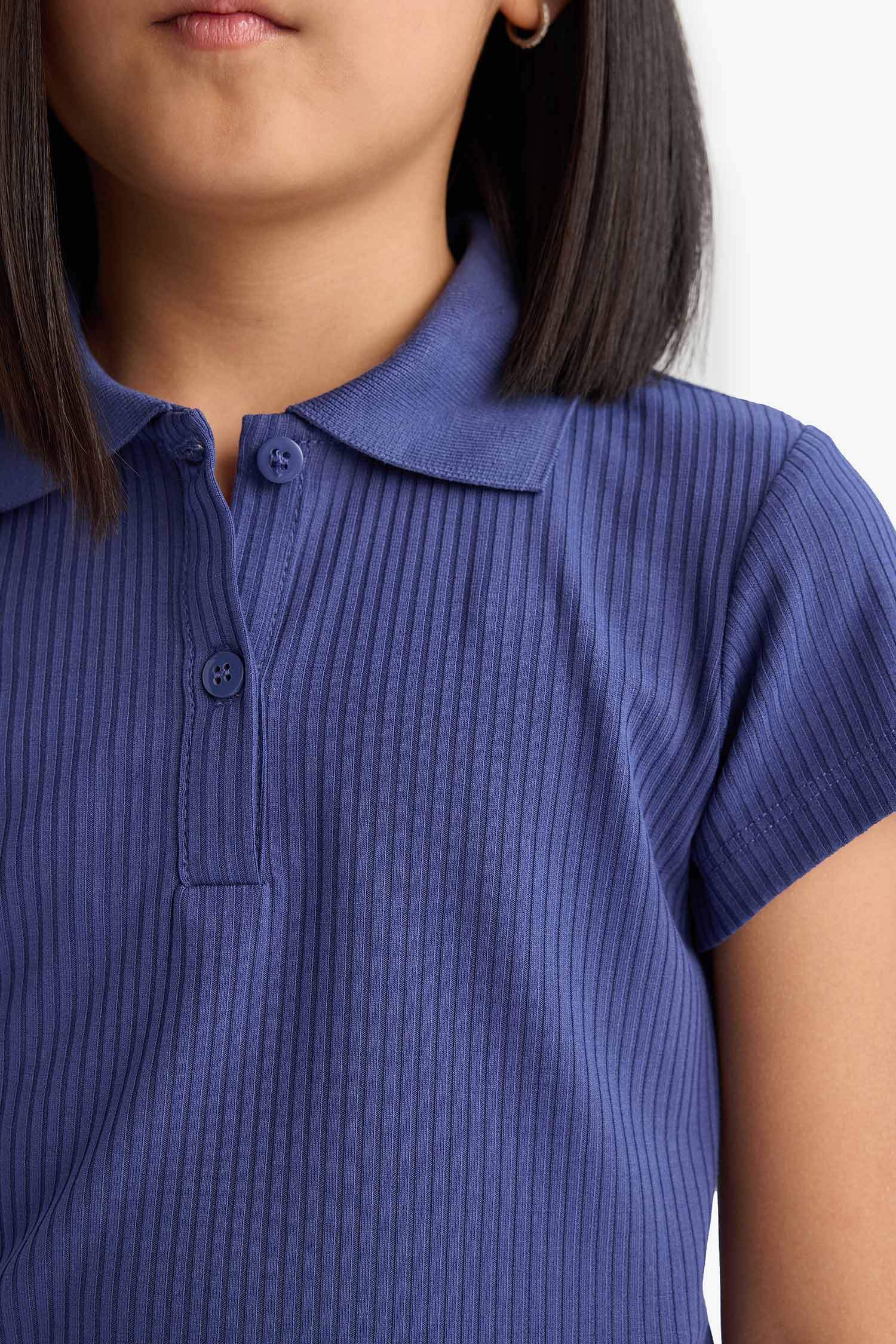 Футболка с коротким рукавом для девочек, обтягивающая, с базовым дизайном и из ребристой ткани с воротником-поло