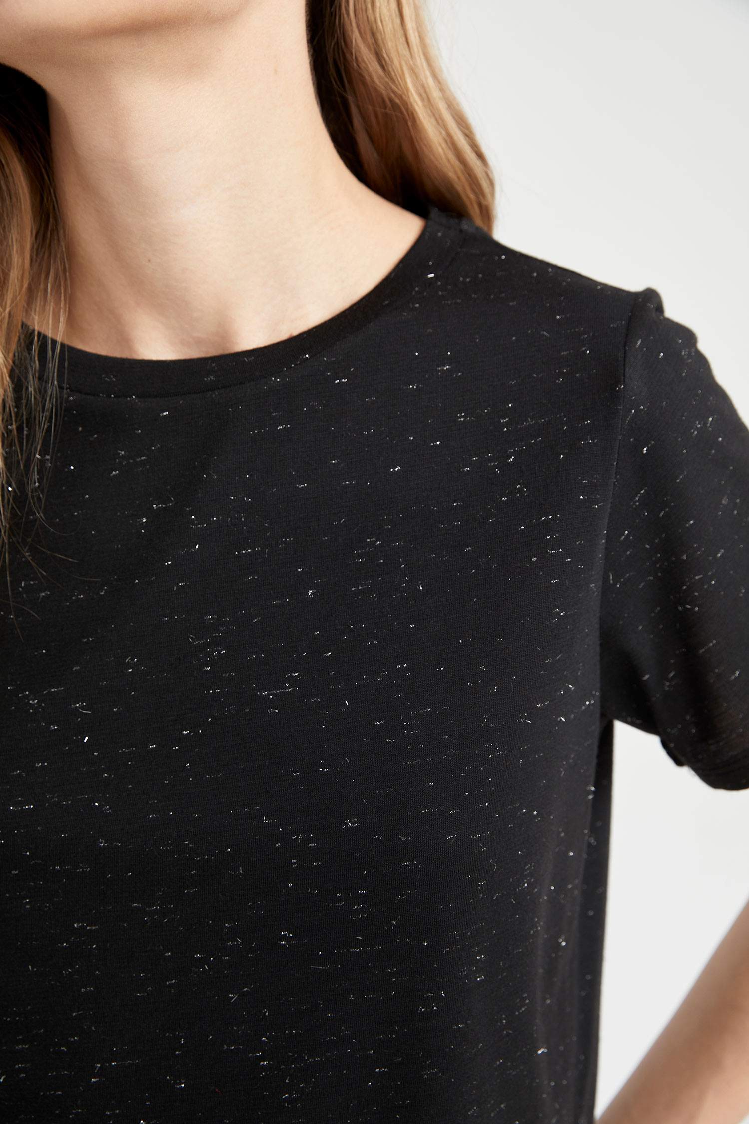 Regular Fit Crew Neck Shiny Fabric Short Sleeve T-Shirt