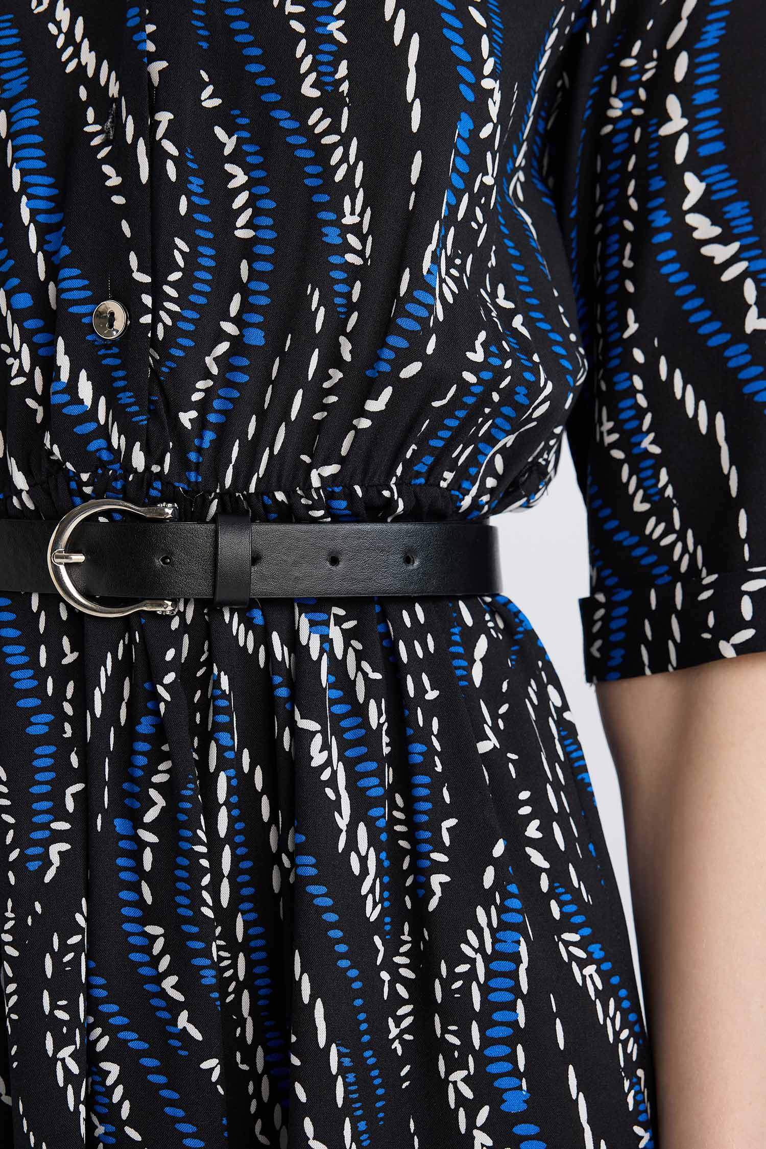 Gömlek Yaka Kemerli Desenli Yarım Kollu Midi Elbise