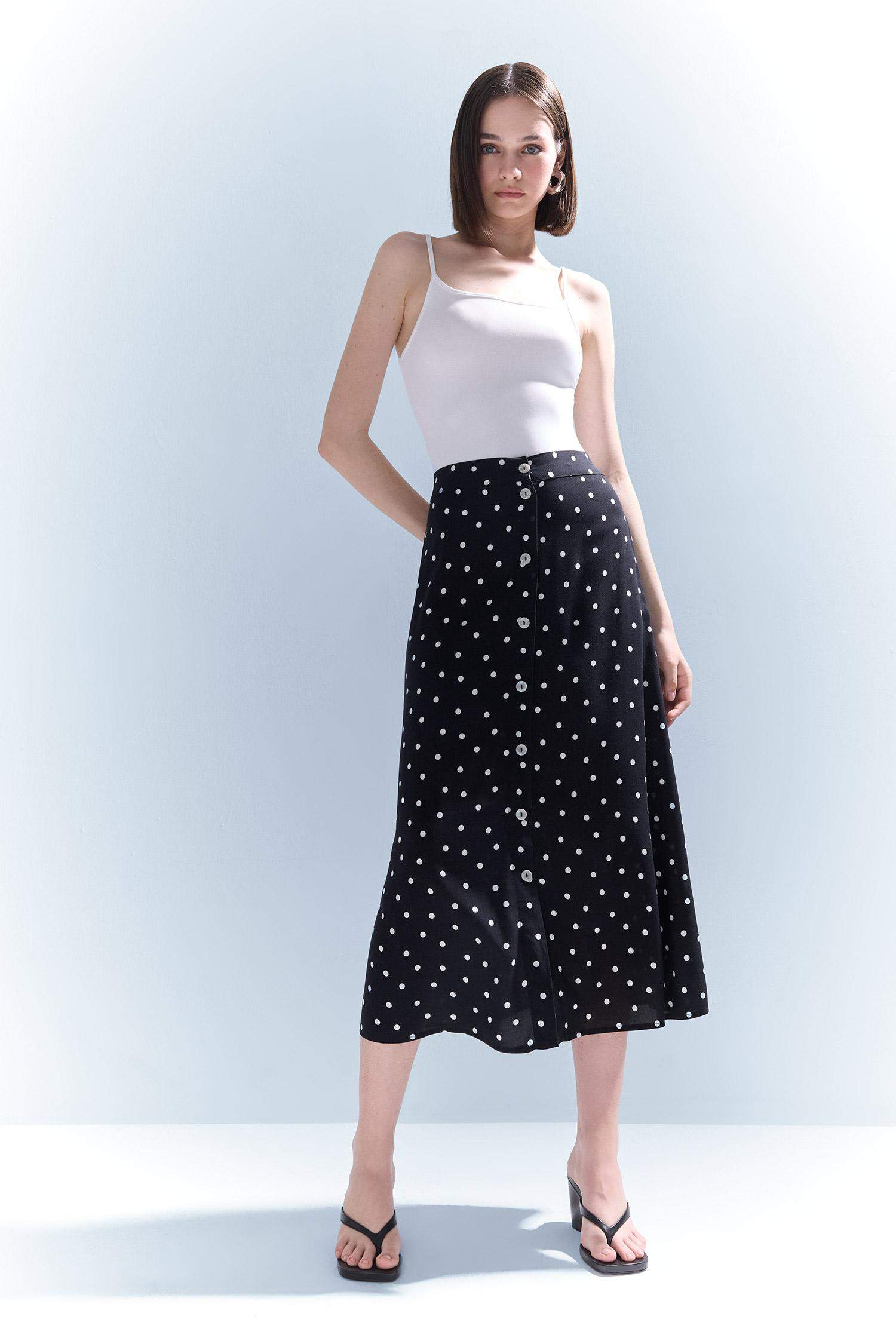 A Form Puantiyeli Düğmeli Normal Bel Midi Etek