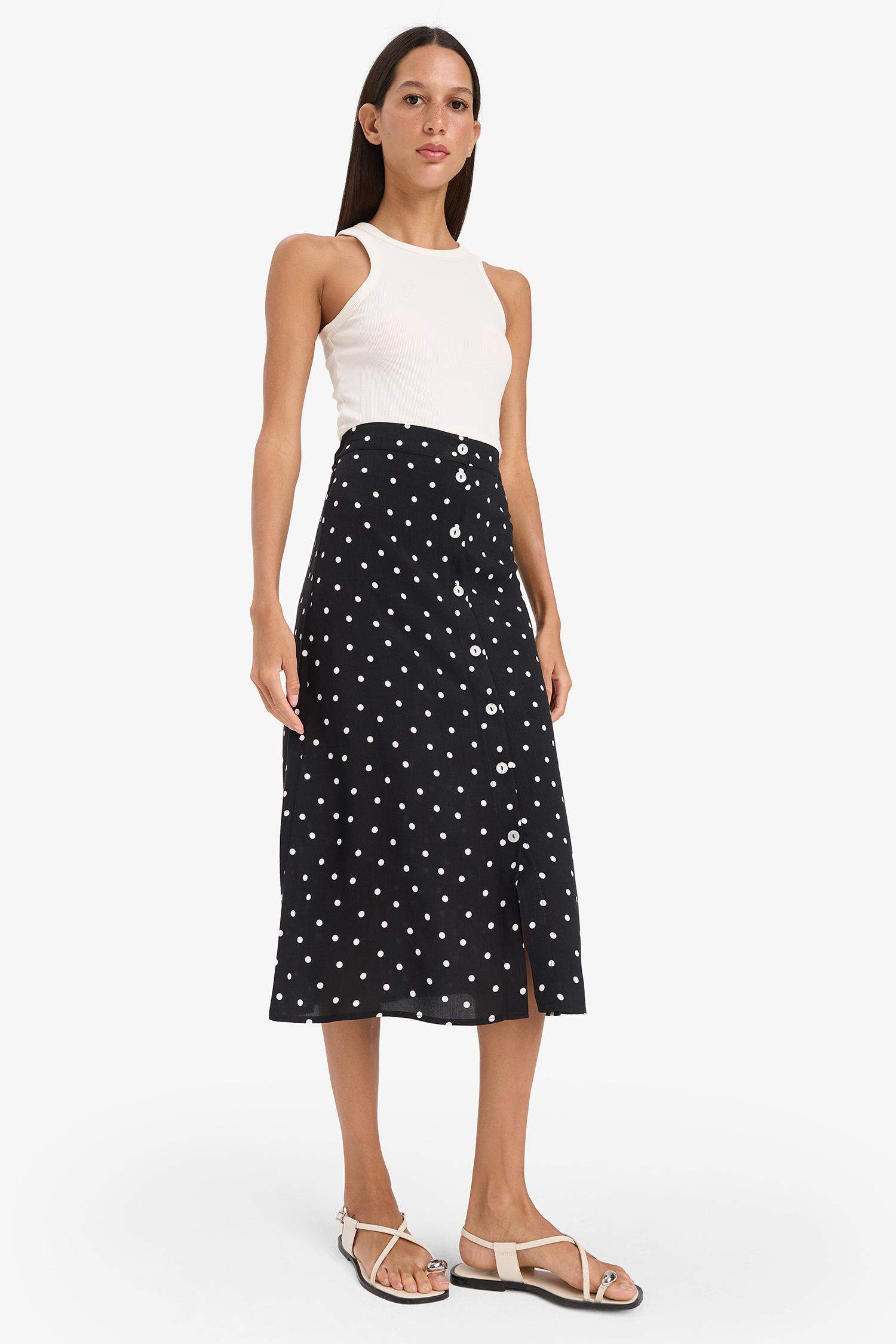 A Form Puantiyeli Düğmeli Normal Bel Midi Etek