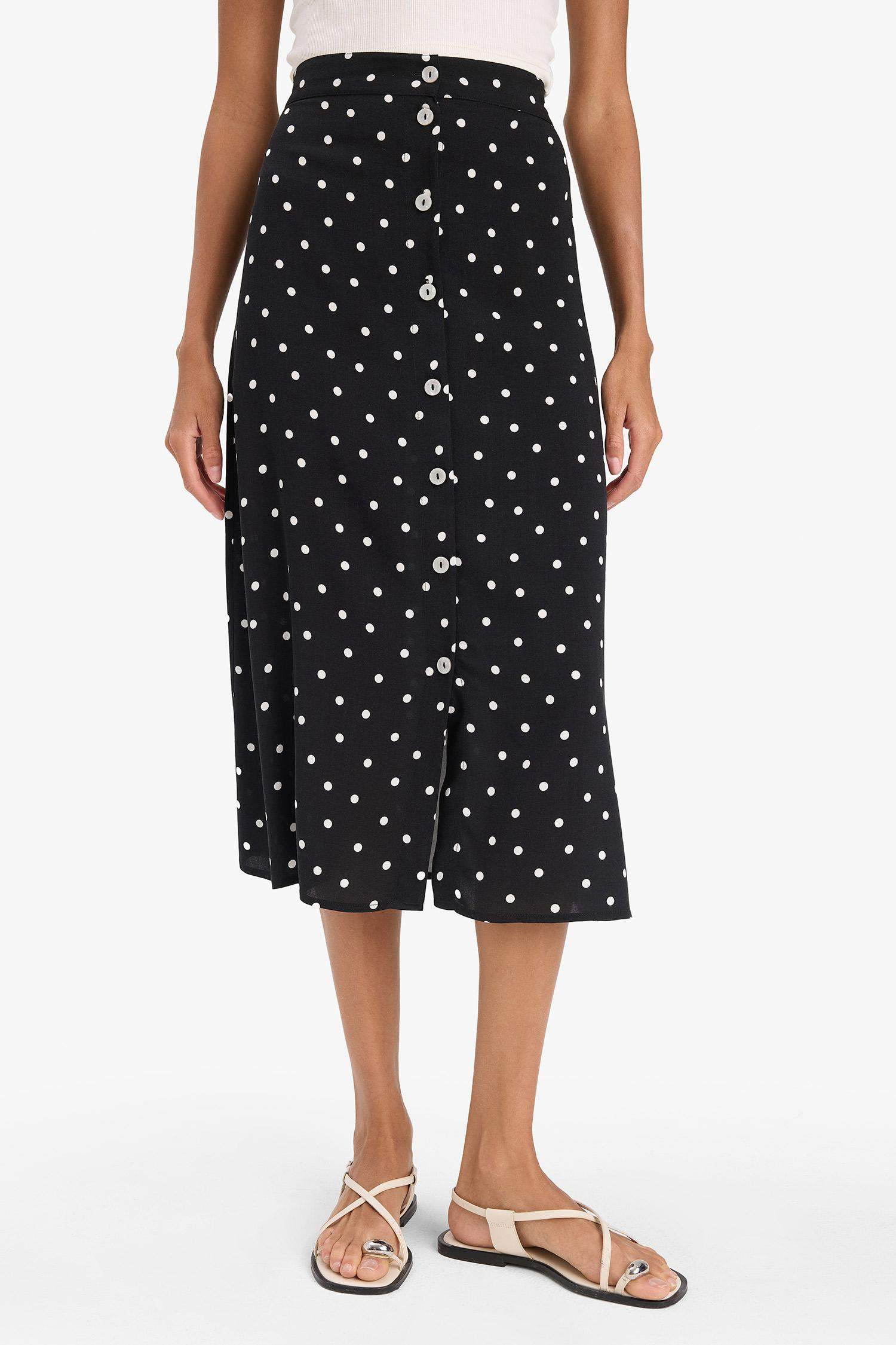 A Form Puantiyeli Düğmeli Normal Bel Midi Etek