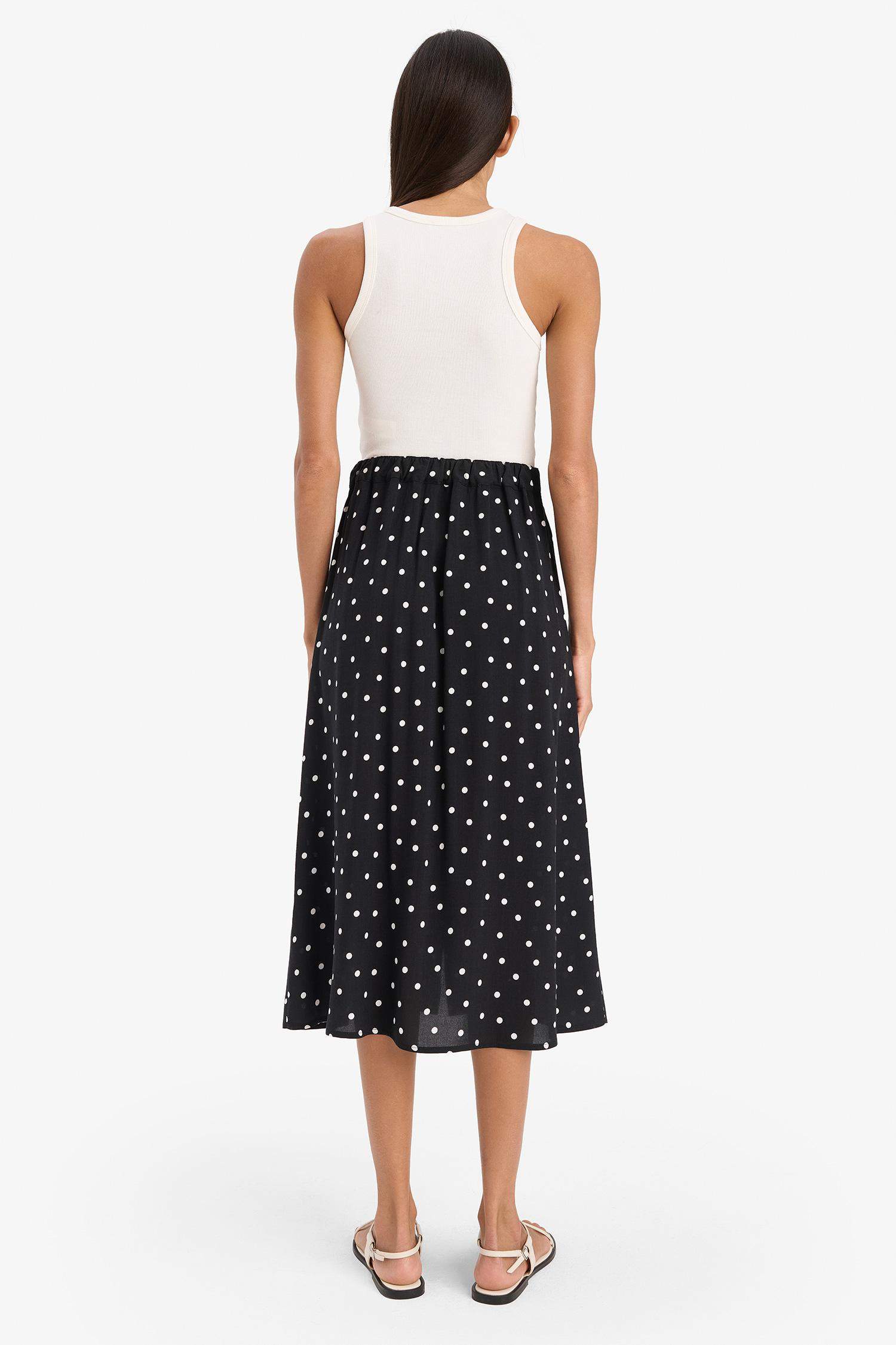 A Form Puantiyeli Düğmeli Normal Bel Midi Etek
