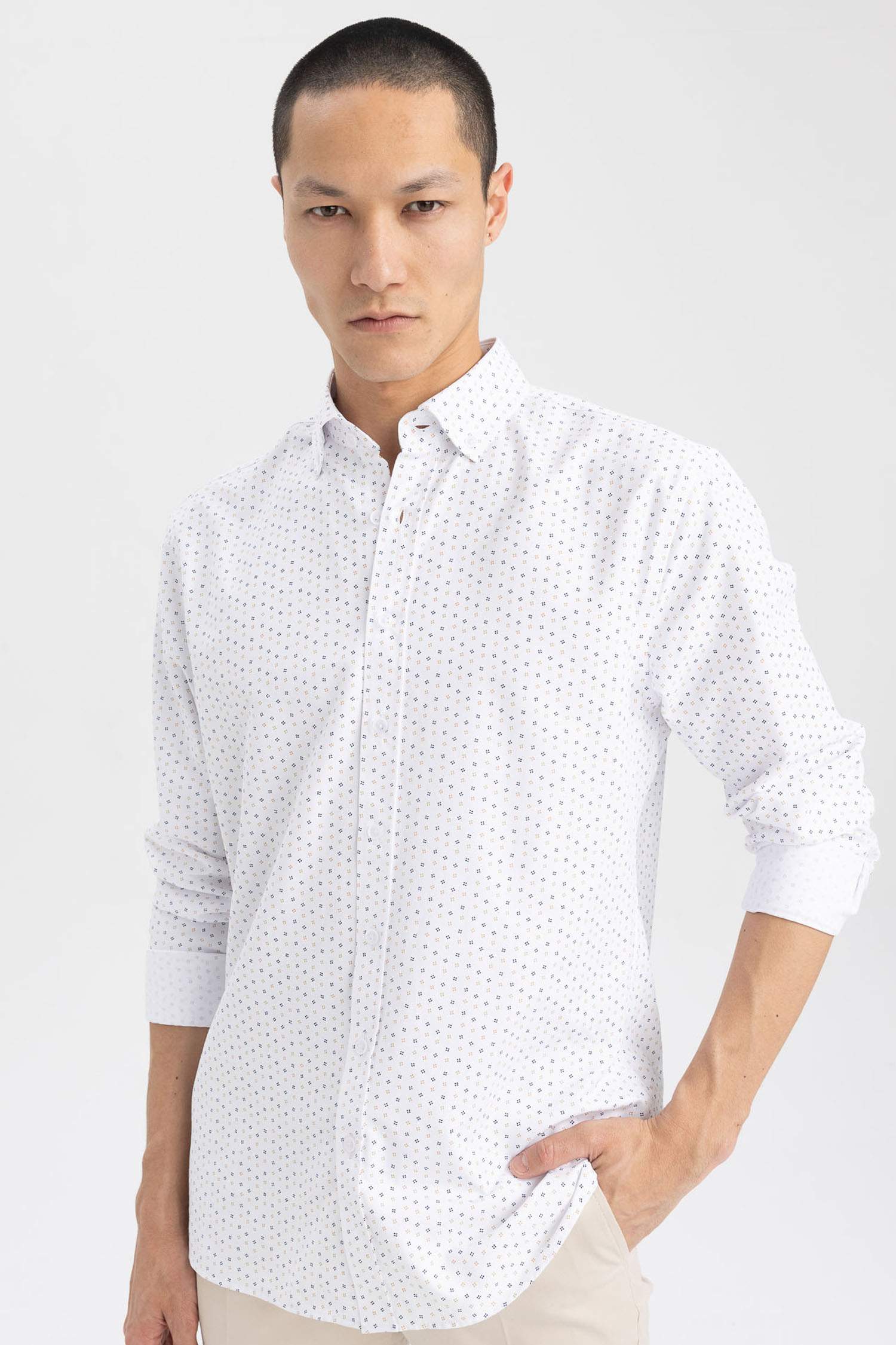 Modern Fit Polo Neck Printed Long Sleeve Shirt