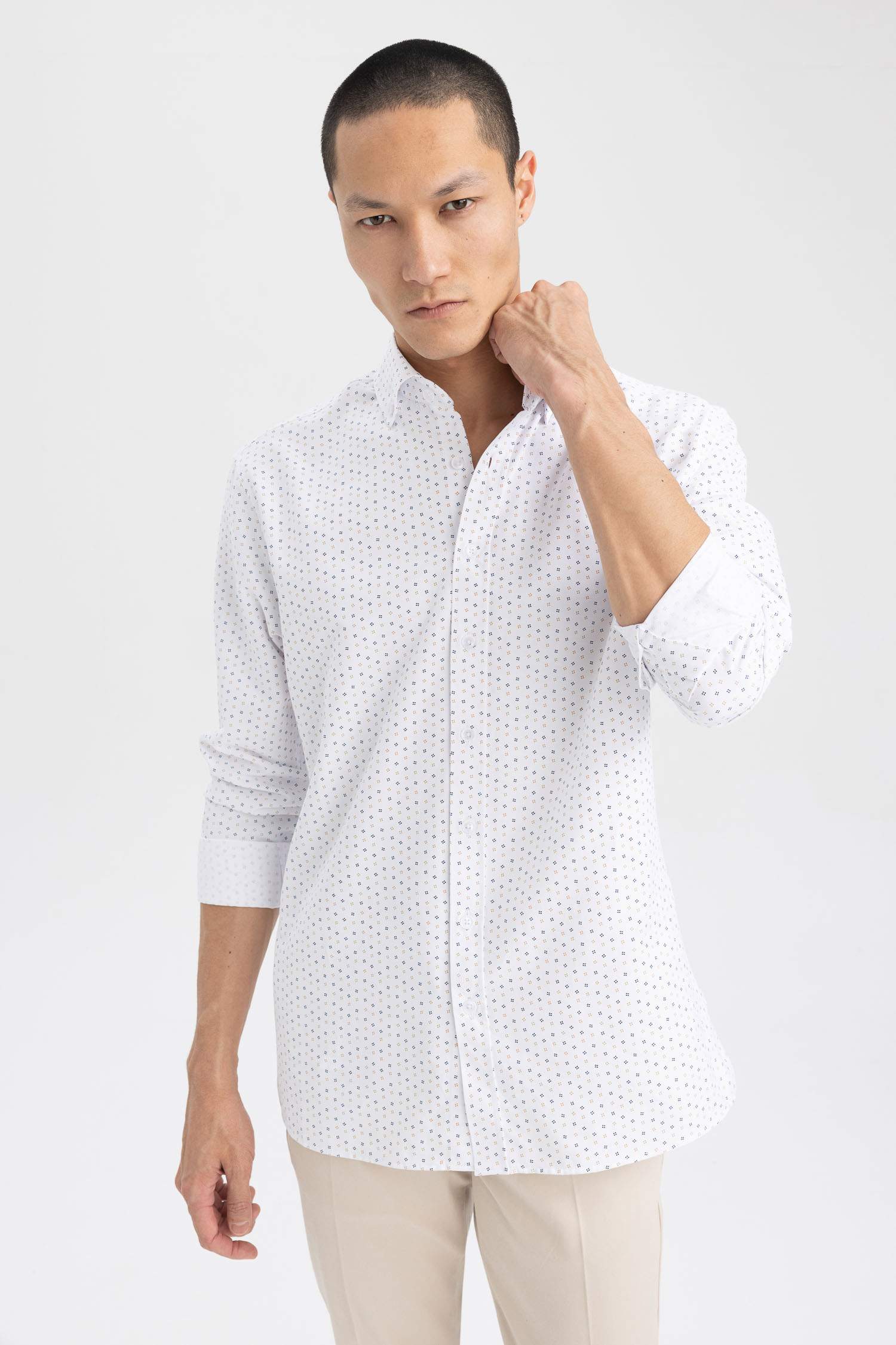 Modern Fit Polo Neck Printed Long Sleeve Shirt