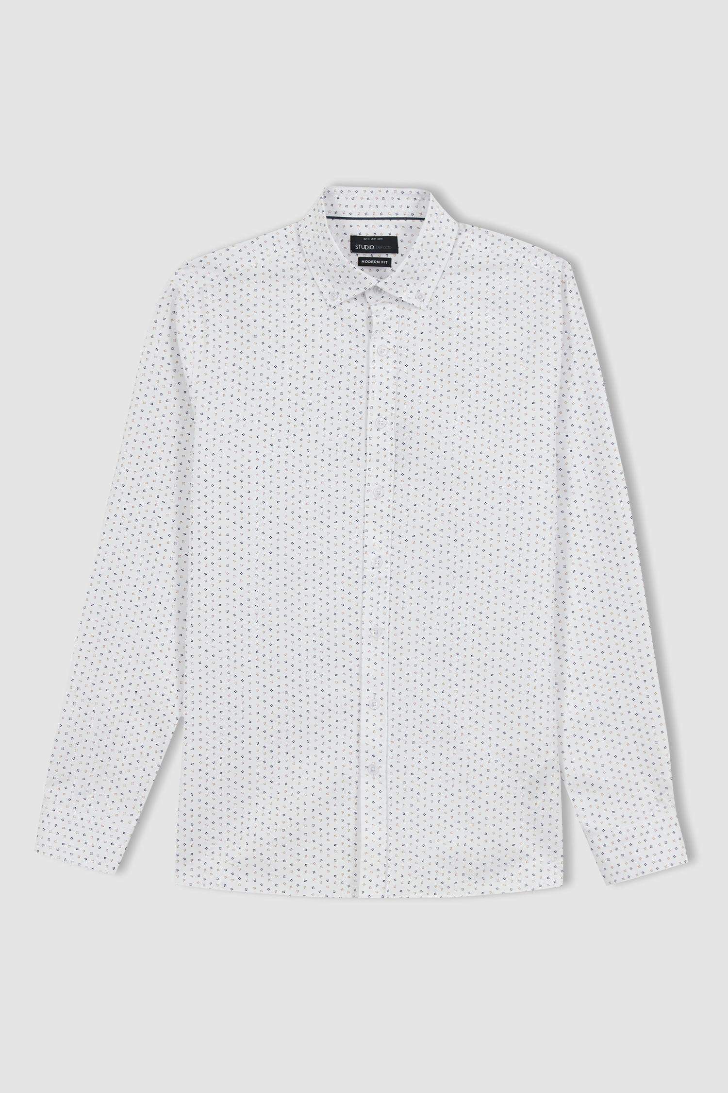 Modern Fit Polo Neck Printed Long Sleeve Shirt