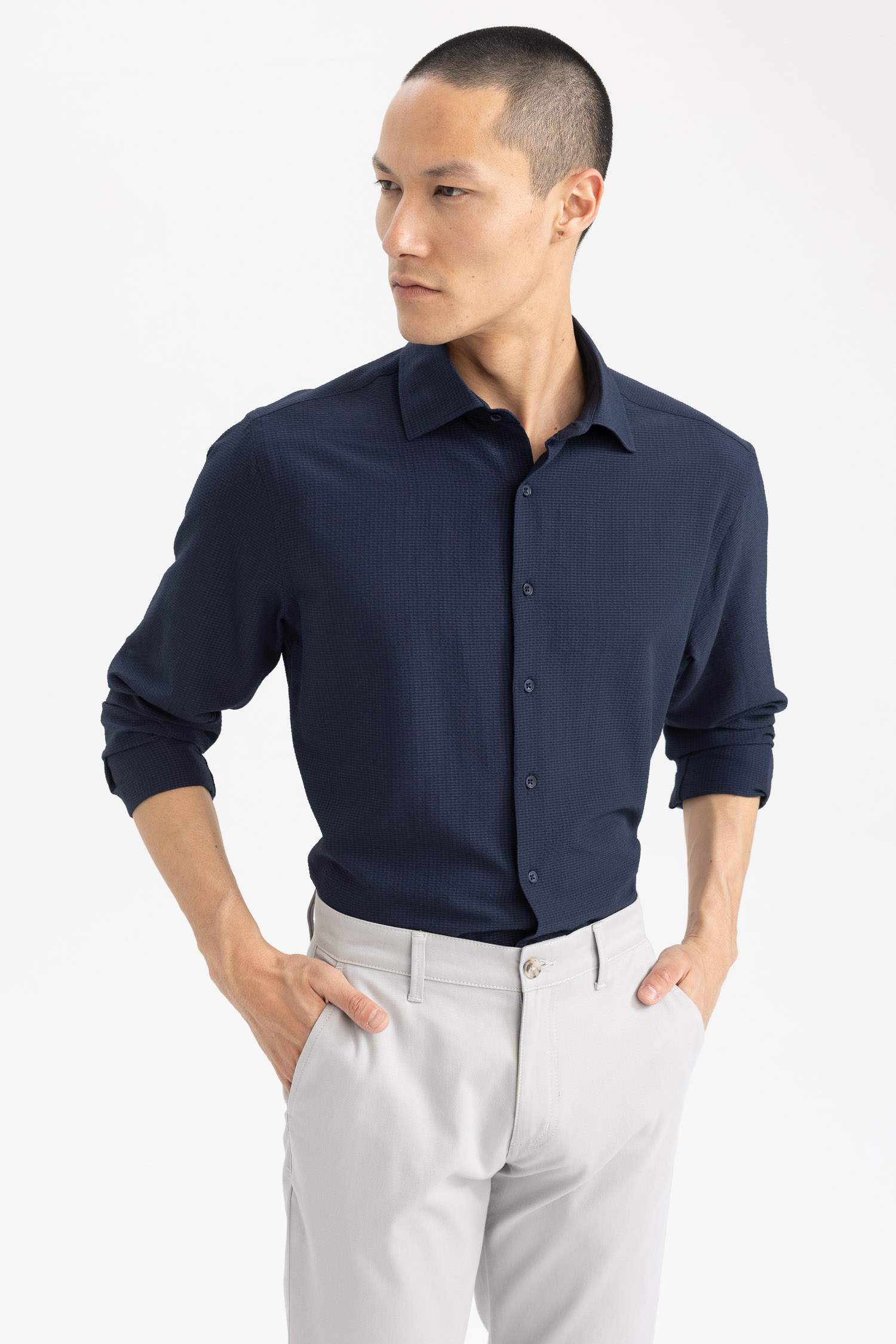 Modern Fit Polo Collar Crinkle Long Sleeve Shirt