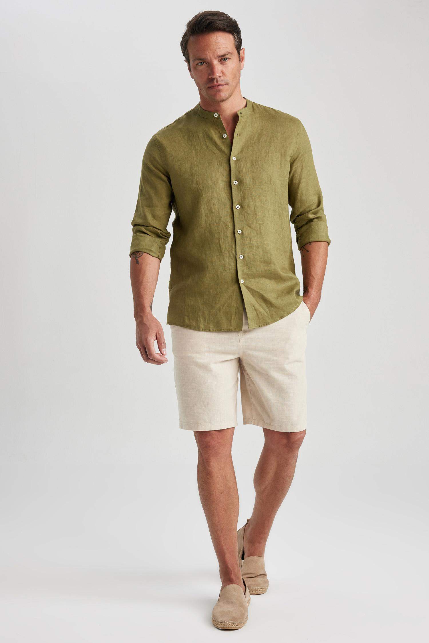 Рубашка приталенного кроя с круглым вырезом из 100% льна