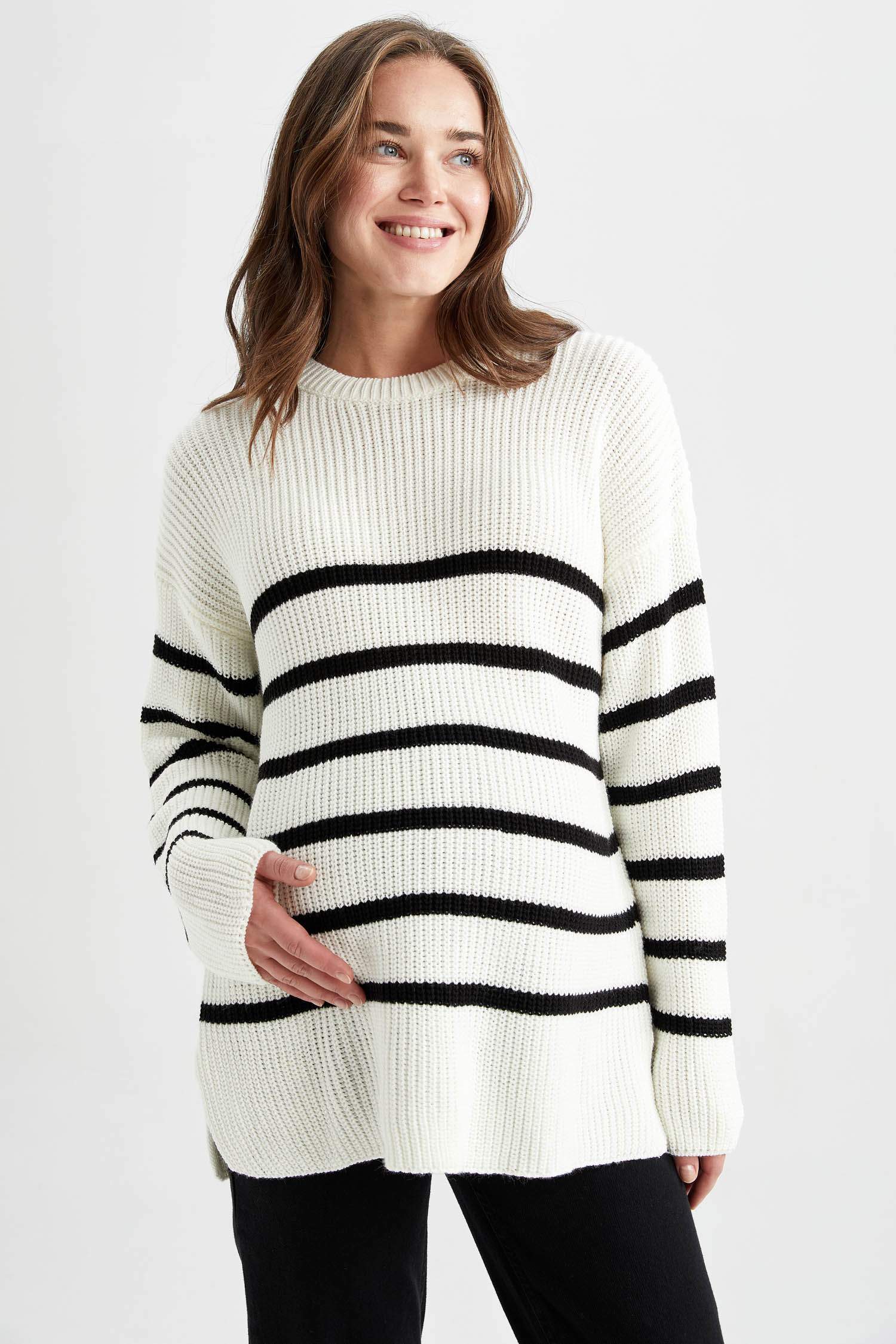 Стандартты Fit Crew-мойын жолақты трикотаж декреттік свитер