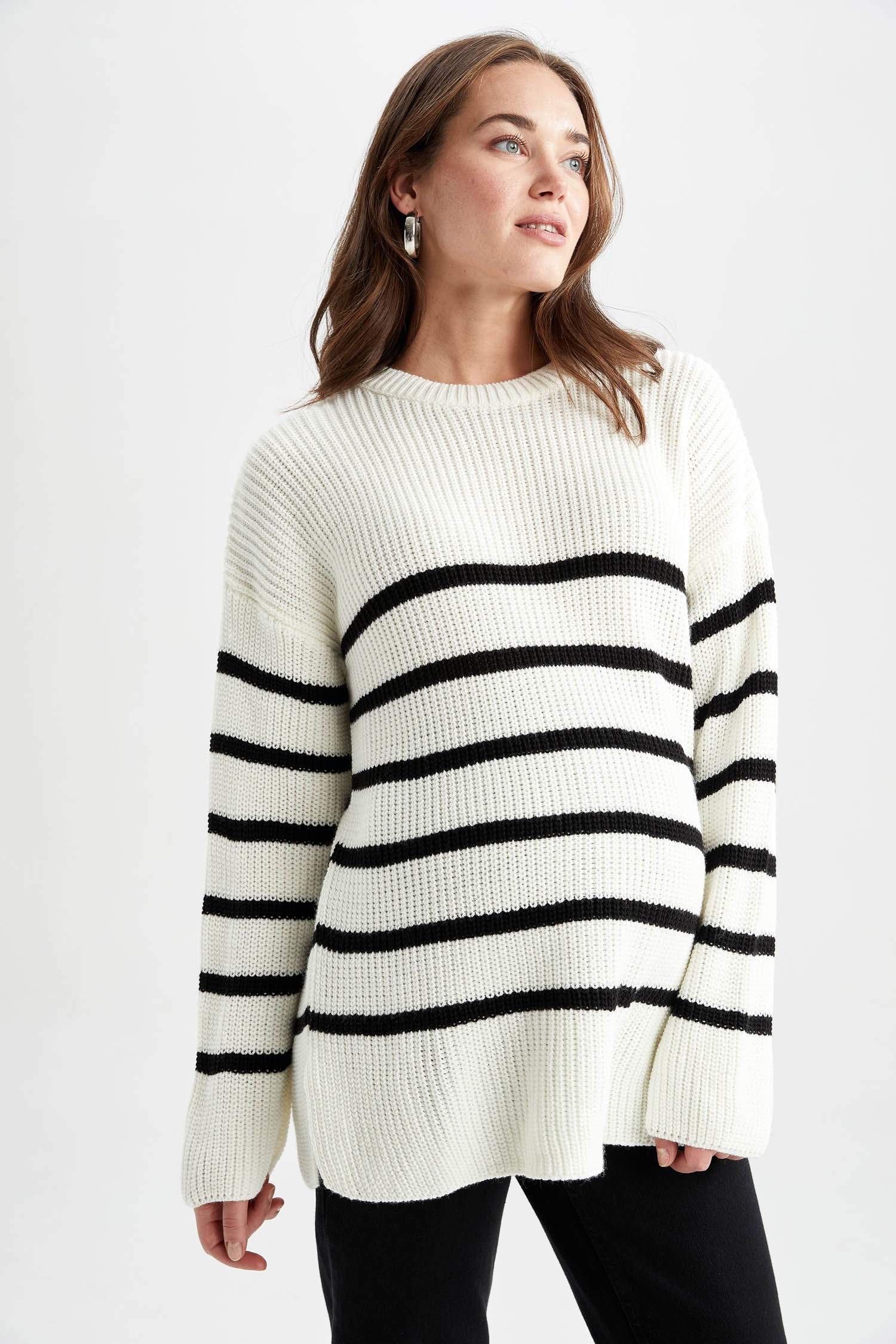 Стандартты Fit Crew-мойын жолақты трикотаж декреттік свитер