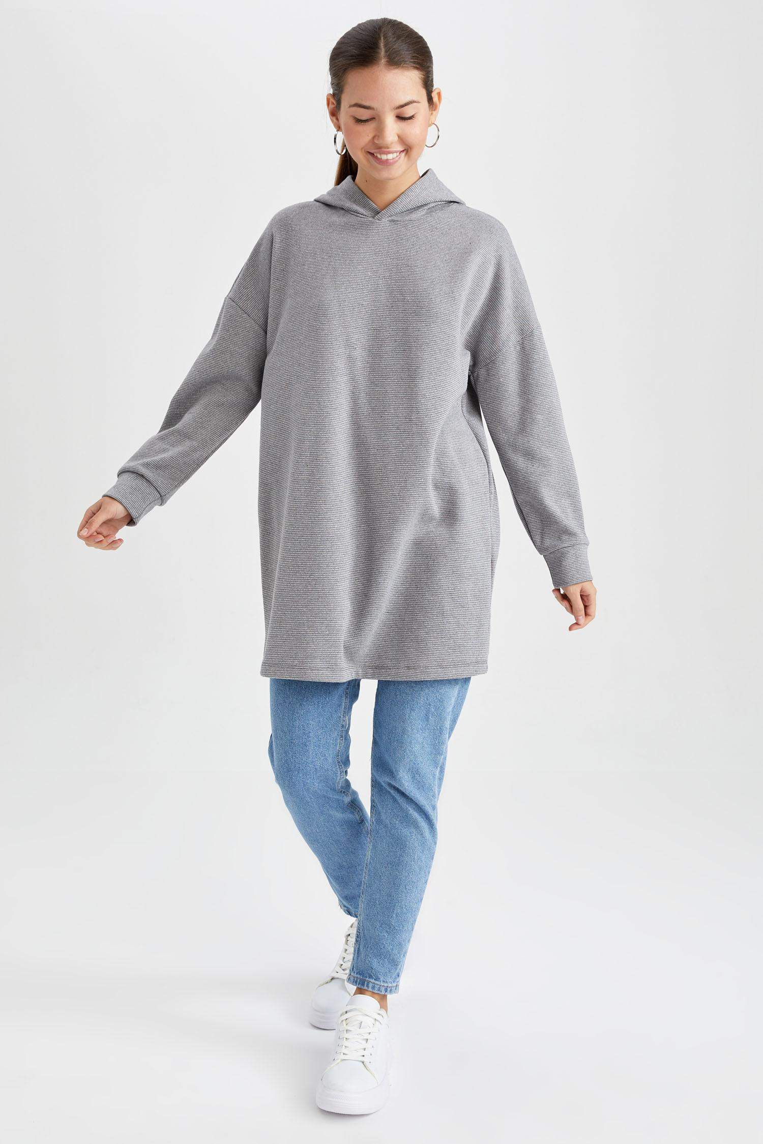 Regular Fit Kapüşonlu Uzun Kollu Sweatshirt Tunik