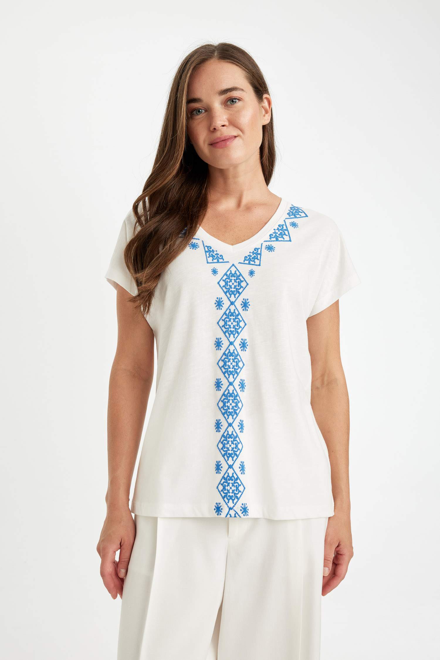 V Yaka Puf Baskılı Penye Kısa Kollu Tişört