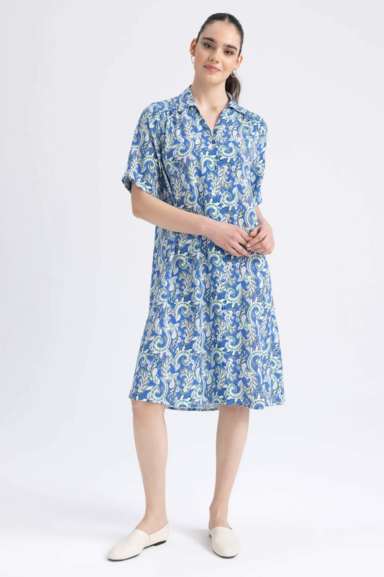 Traditional Shirt Collar Midi Short Sleeve Dress