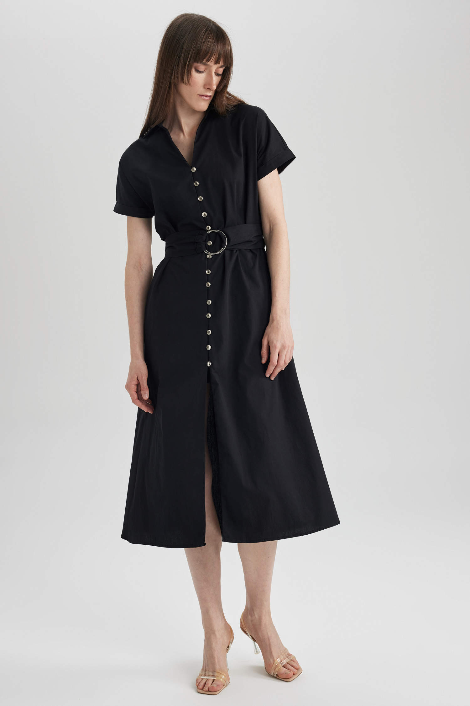 Black WOMEN Short Sleeve Midi Woven Dress 2809796 | DeFacto