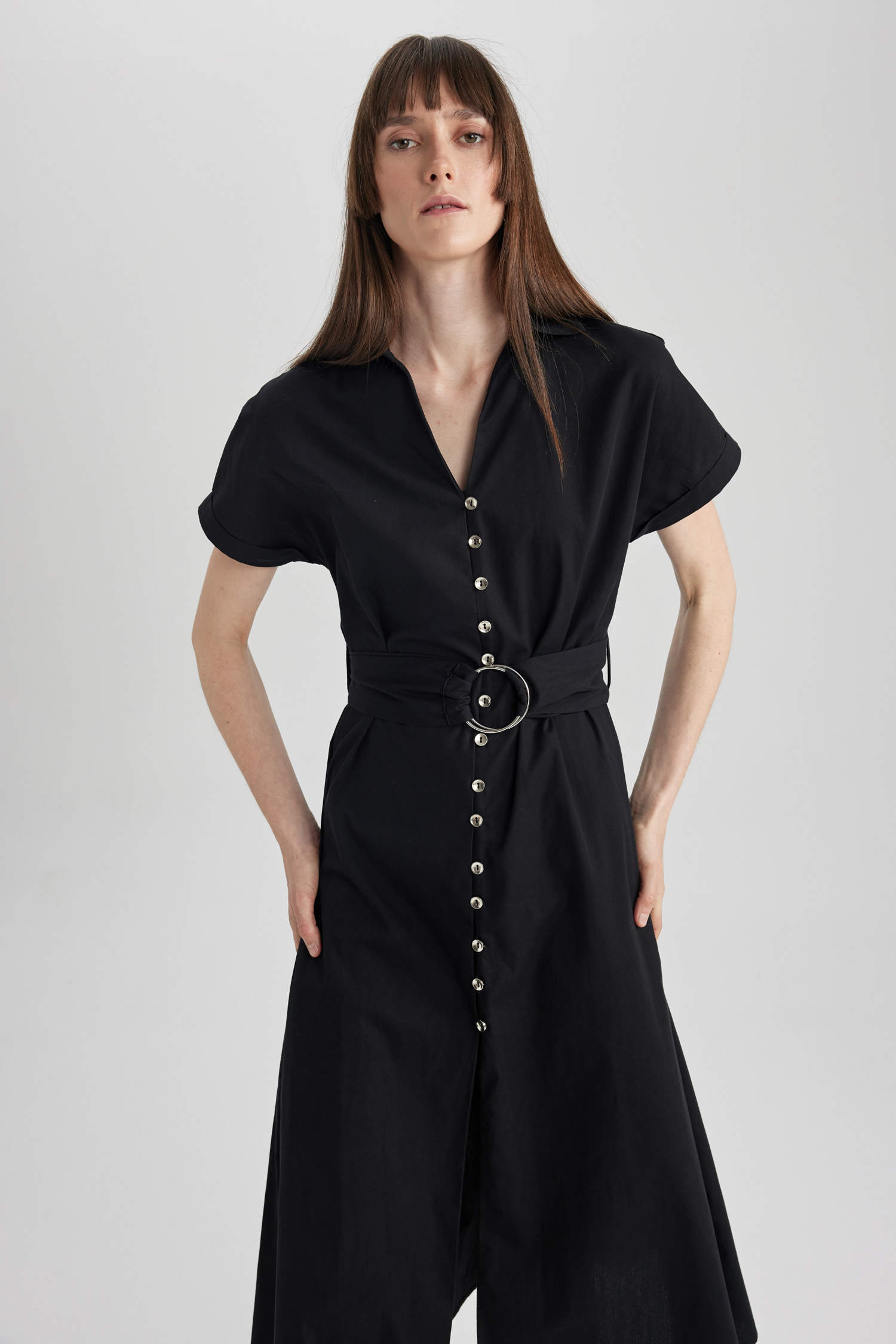 Black WOMEN Short Sleeve Midi Woven Dress 2809796 | DeFacto