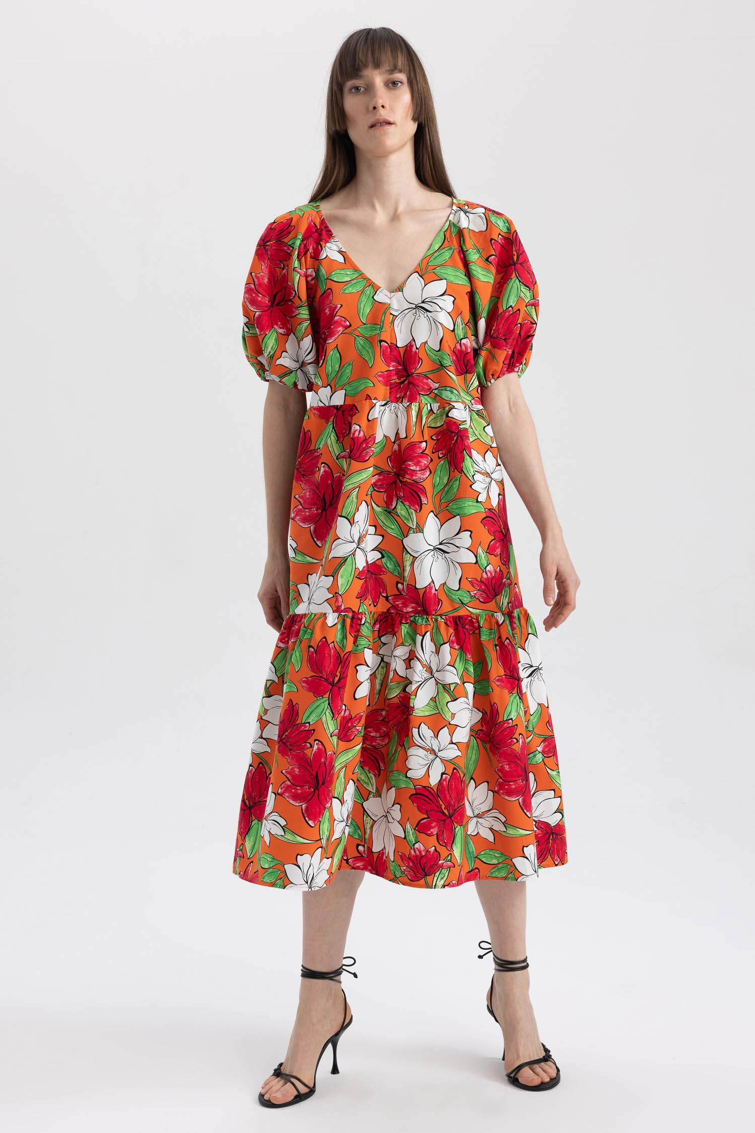 Платье миди с V-образным вырезом с цветочным принтом из 100% хлопка