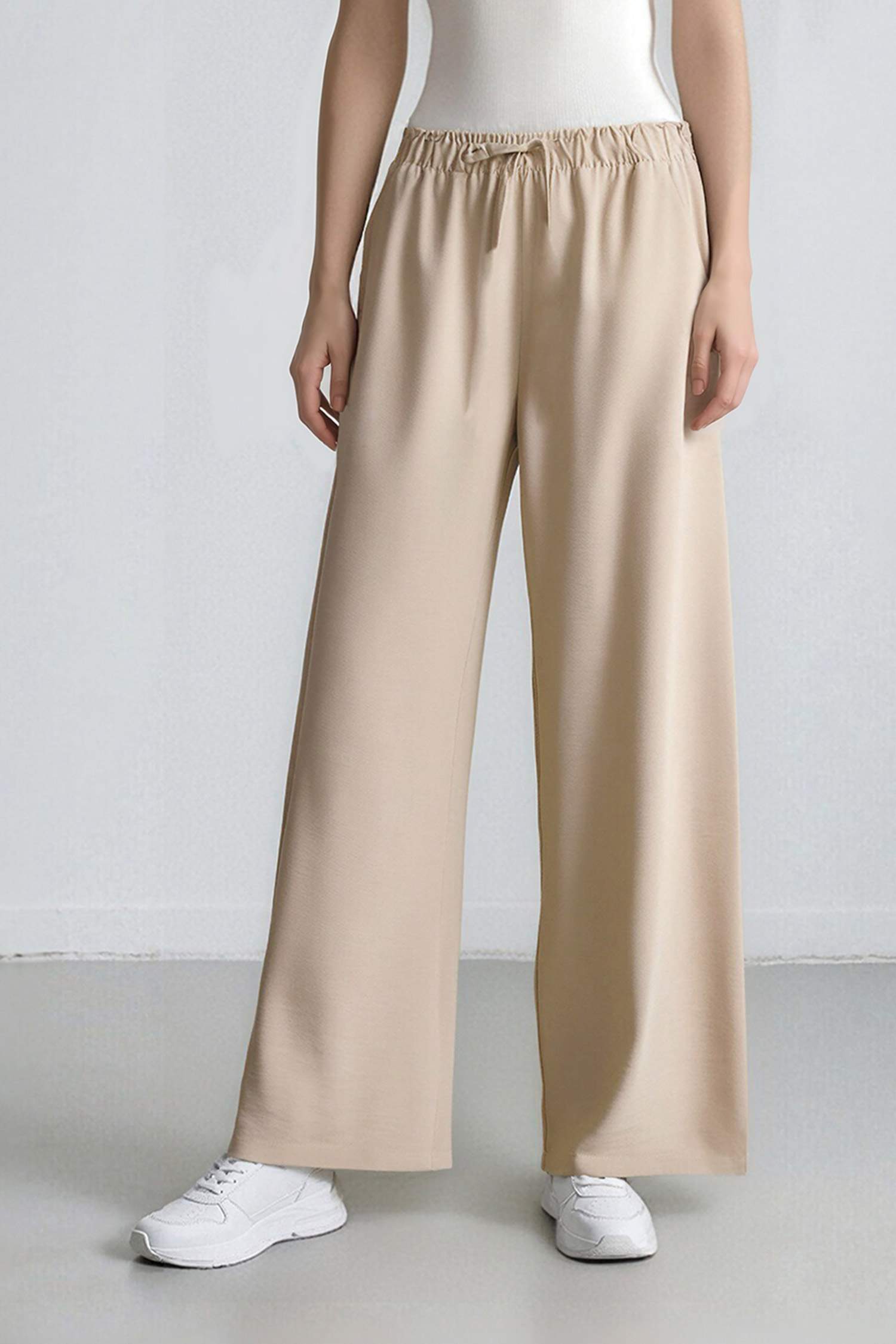 Keten Görünümlü Beli Lastikli Pantolon Wide Leg Geniş Bol Paça