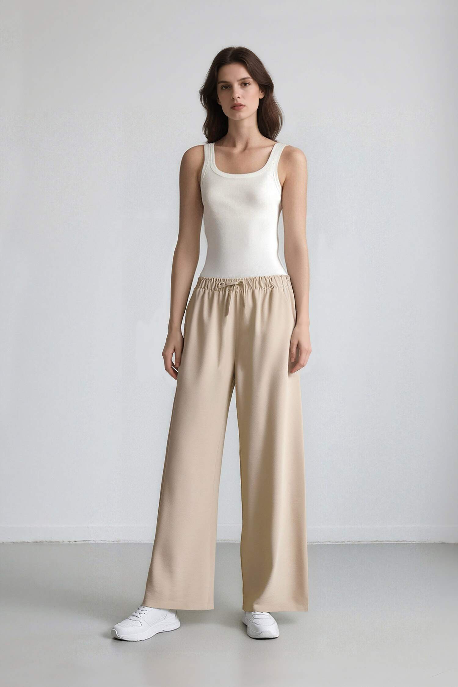 Keten Görünümlü Beli Lastikli Pantolon Wide Leg Geniş Bol Paça