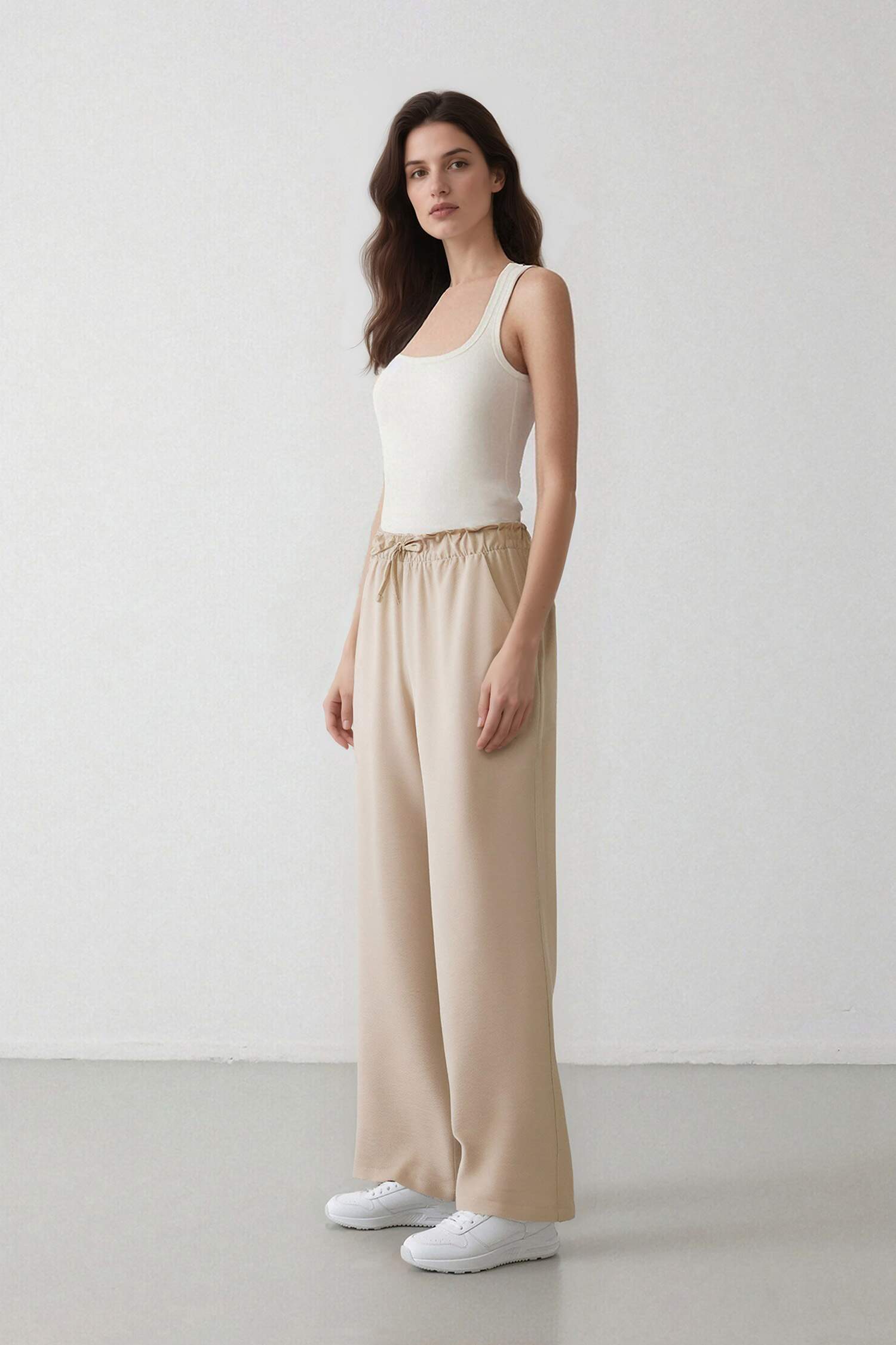 Keten Görünümlü Beli Lastikli Pantolon Wide Leg Geniş Bol Paça