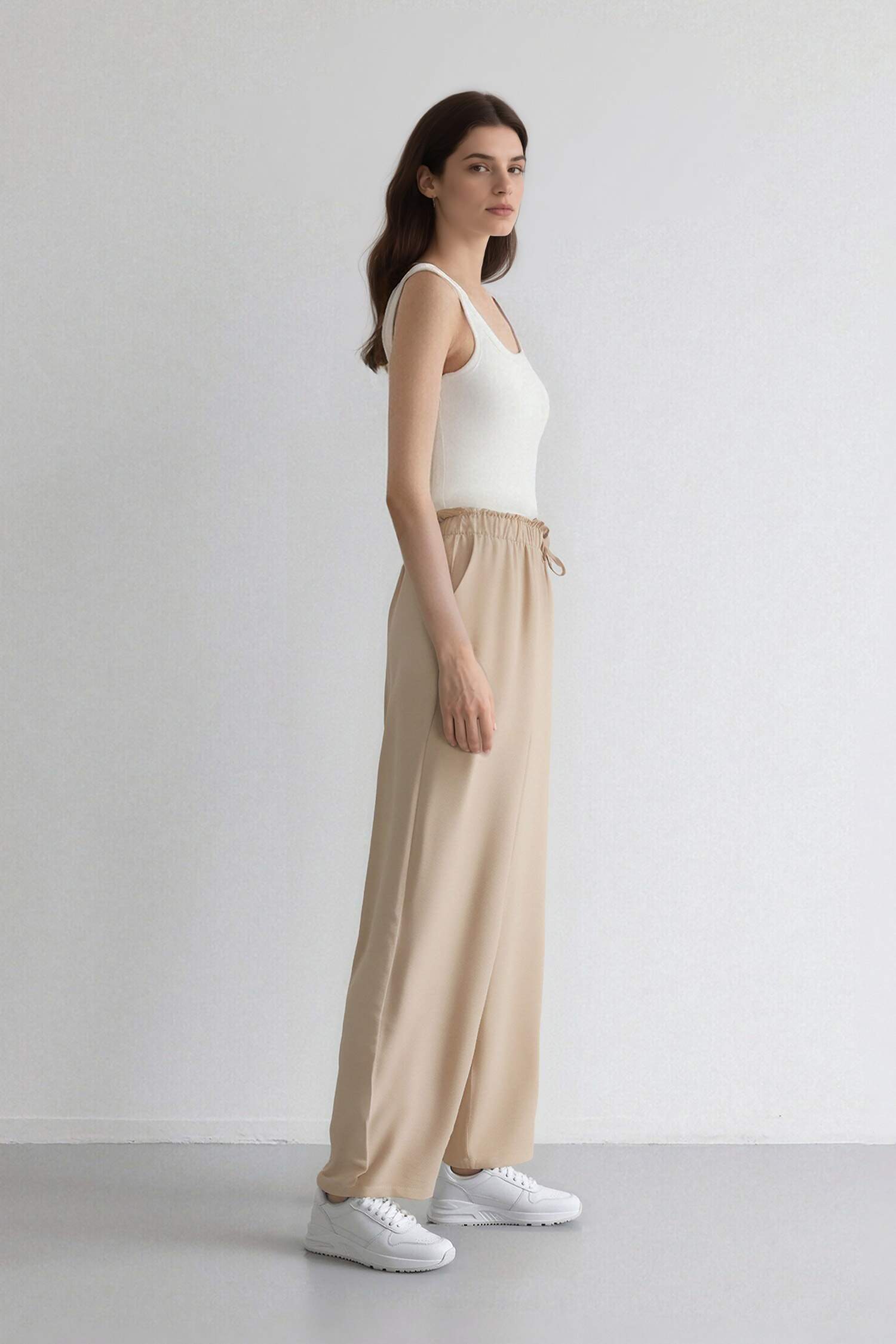 Keten Görünümlü Beli Lastikli Pantolon Wide Leg Geniş Bol Paça