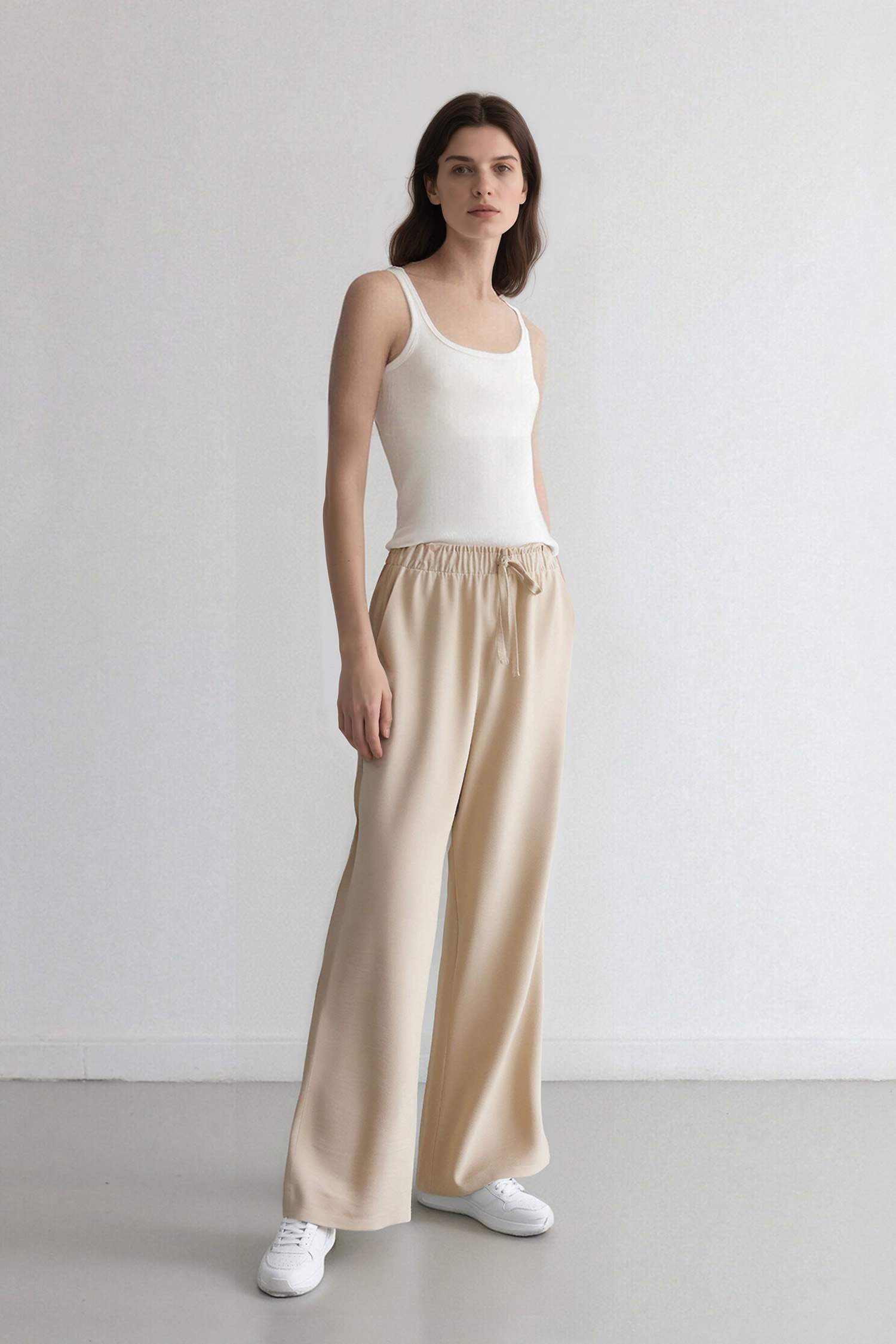 Keten Görünümlü Beli Lastikli Pantolon Wide Leg Geniş Bol Paça