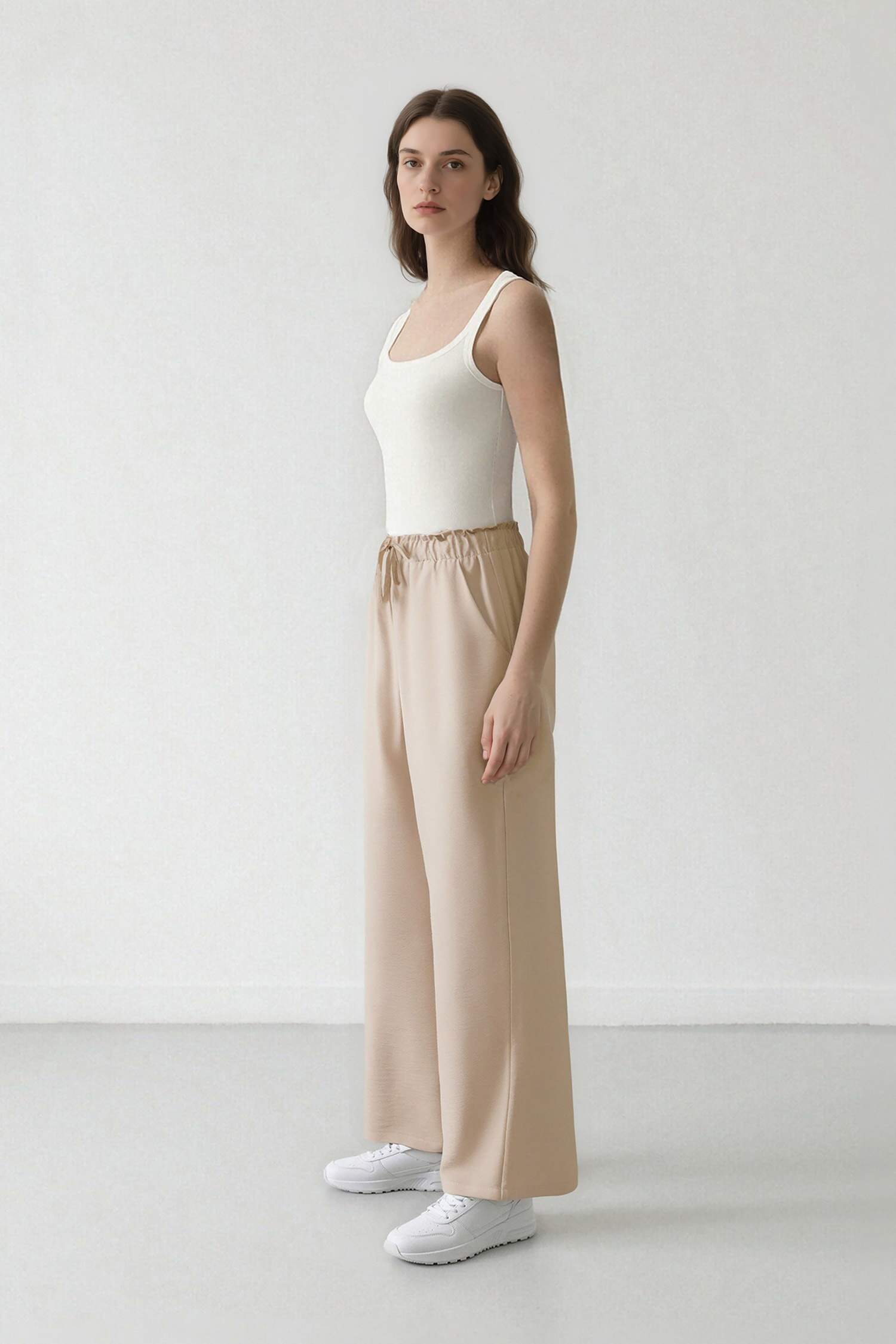 Keten Görünümlü Beli Lastikli Pantolon Wide Leg Geniş Bol Paça