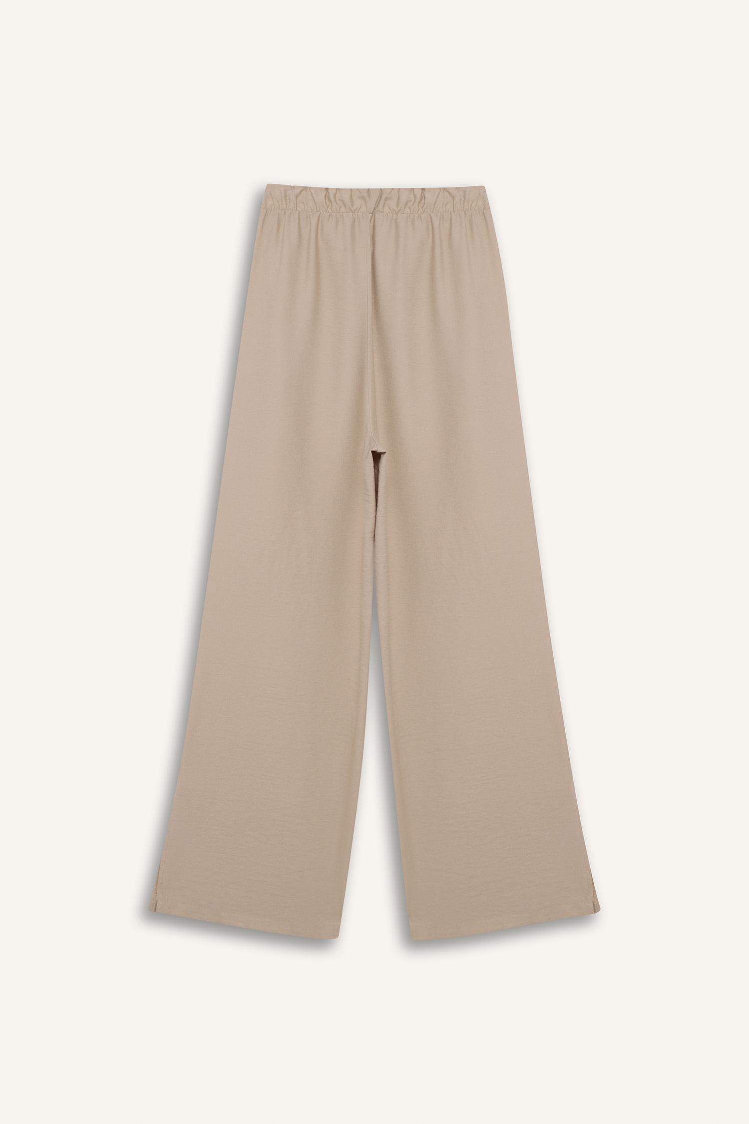 Keten Görünümlü Beli Lastikli Pantolon Wide Leg Geniş Bol Paça