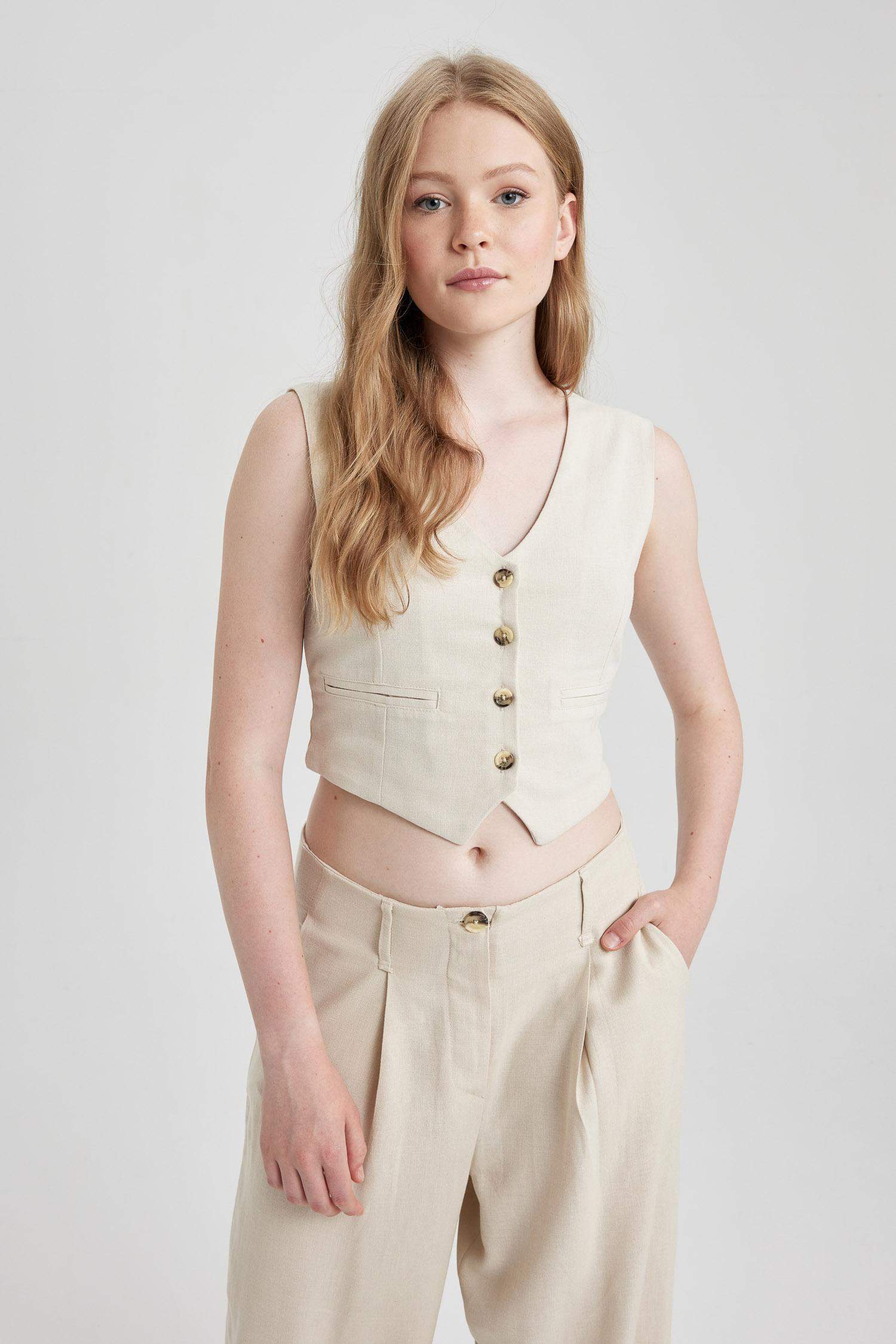 Women Linen Blend Vest