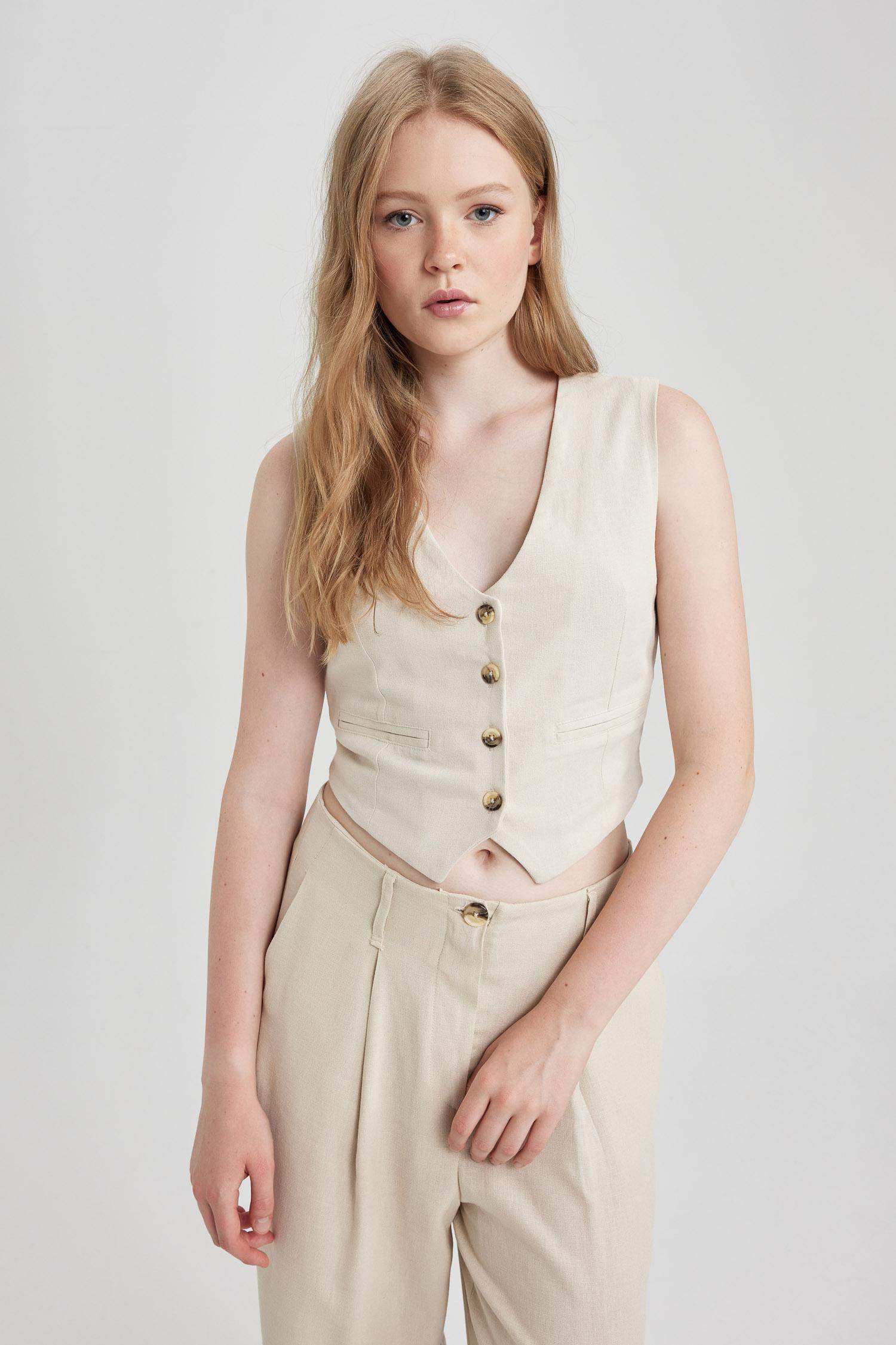 Women Linen Blend Vest