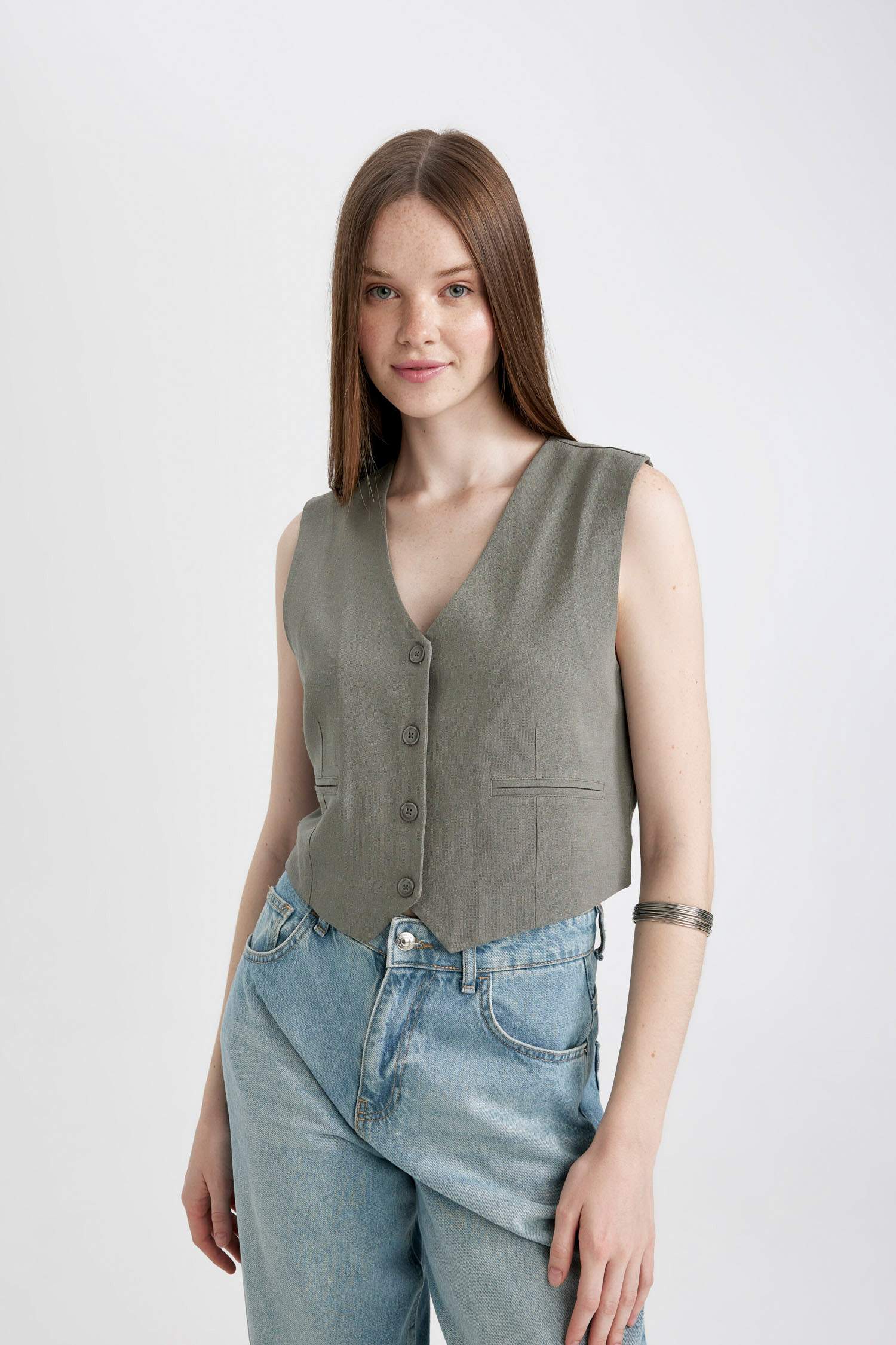 Veste Blazer Lin Mélangé Coupe Régulière