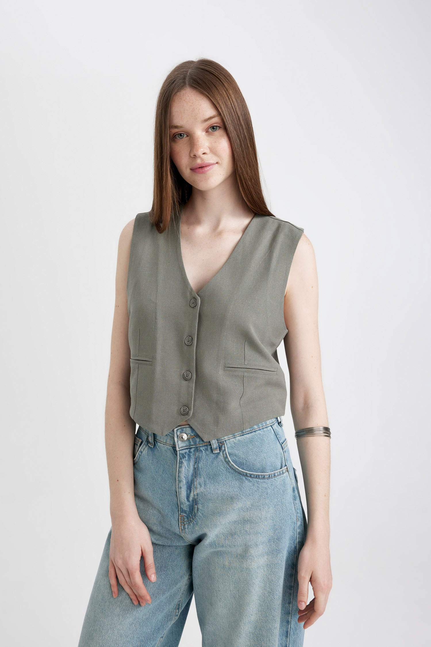 Veste Blazer Lin Mélangé Coupe Régulière