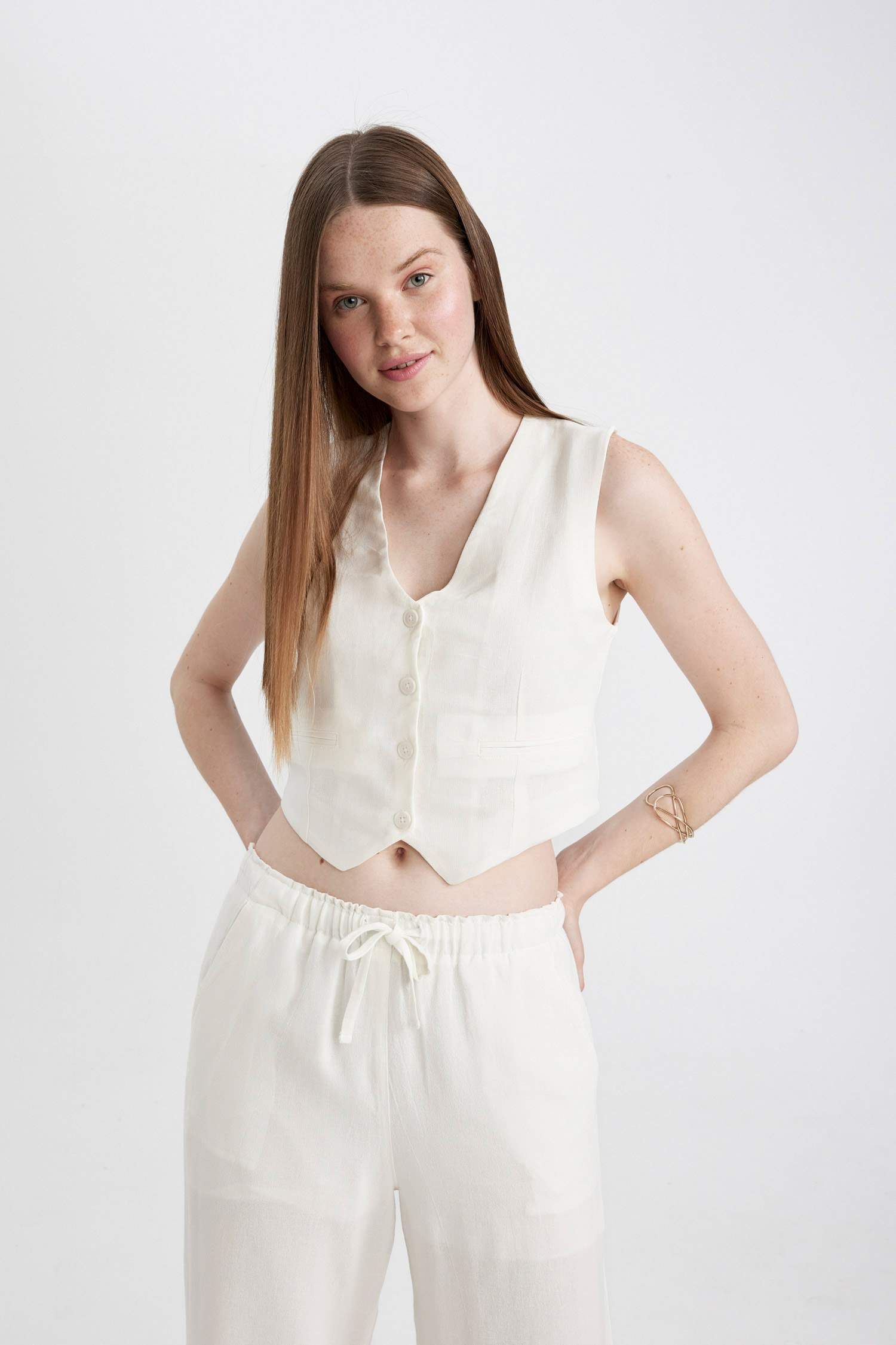 Regular Fit Linen Blend White Blazer Vest