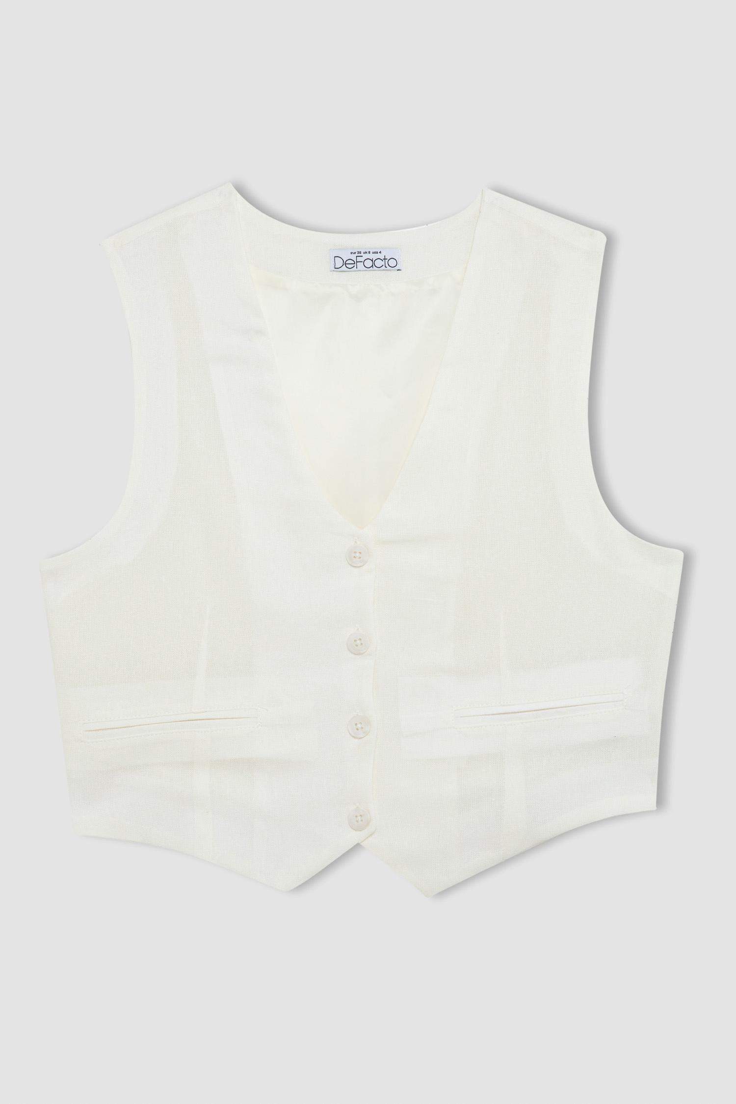 Regular Fit Linen Blend White Blazer Vest