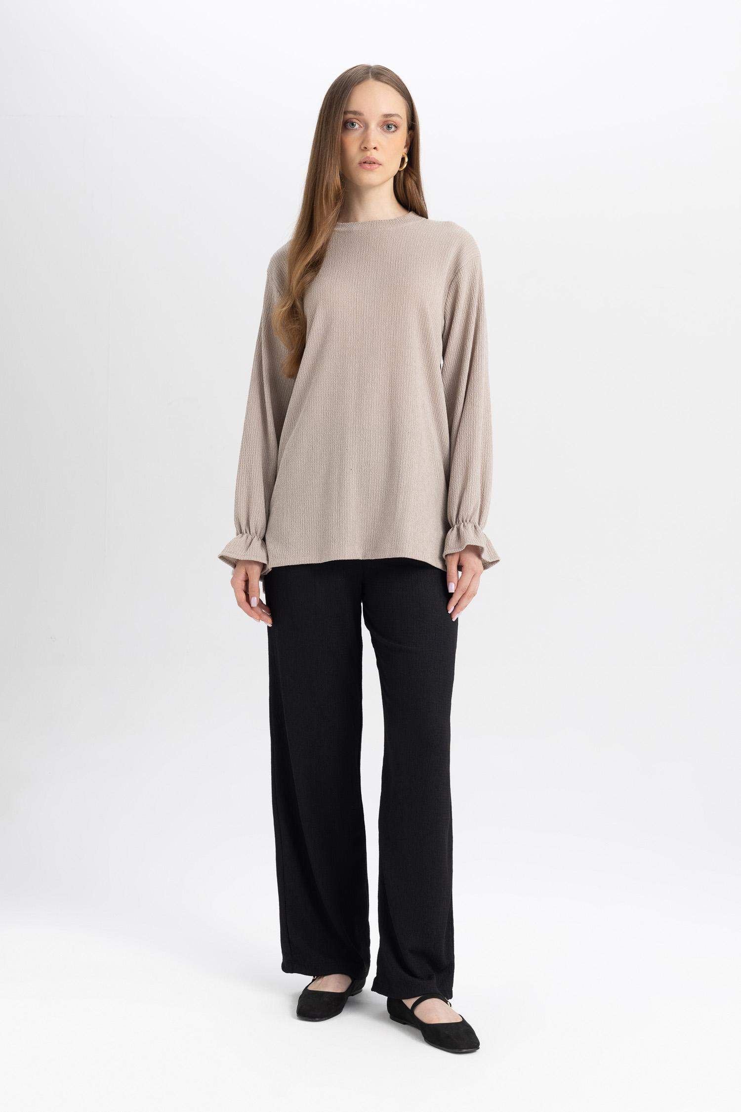 Relax Fit Beli Lastikli Basic Düz Bürümcük Siyah Pantolon