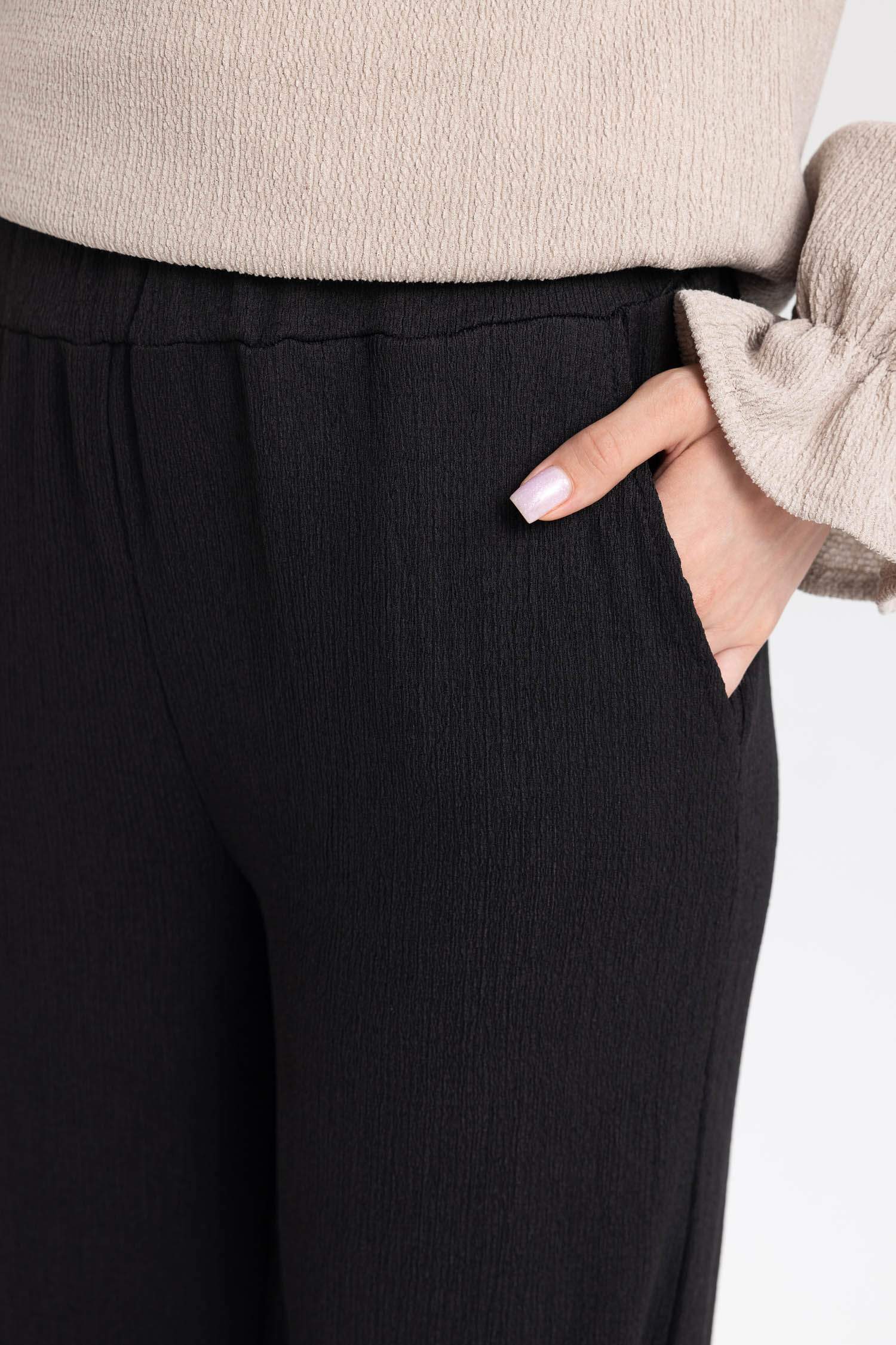 Relax Fit Beli Lastikli Basic Düz Bürümcük Siyah Pantolon