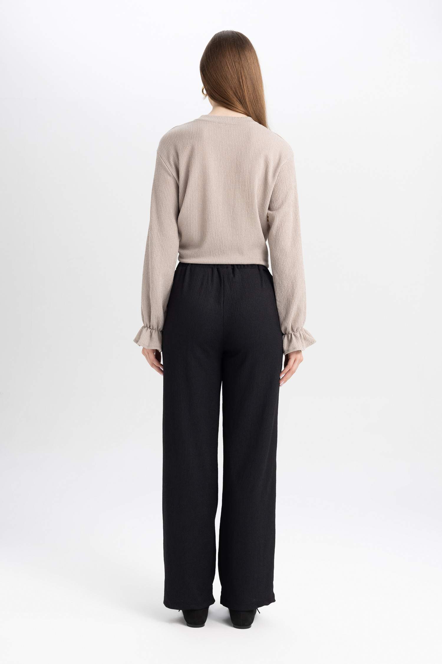 Relax Fit Beli Lastikli Basic Düz Bürümcük Siyah Pantolon