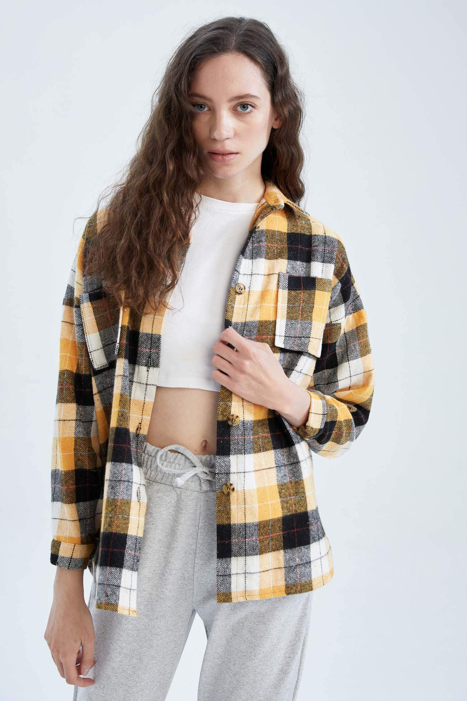 Sarı Kadın Flanel Uzun Kollu Gömlek 2738682 DeFacto