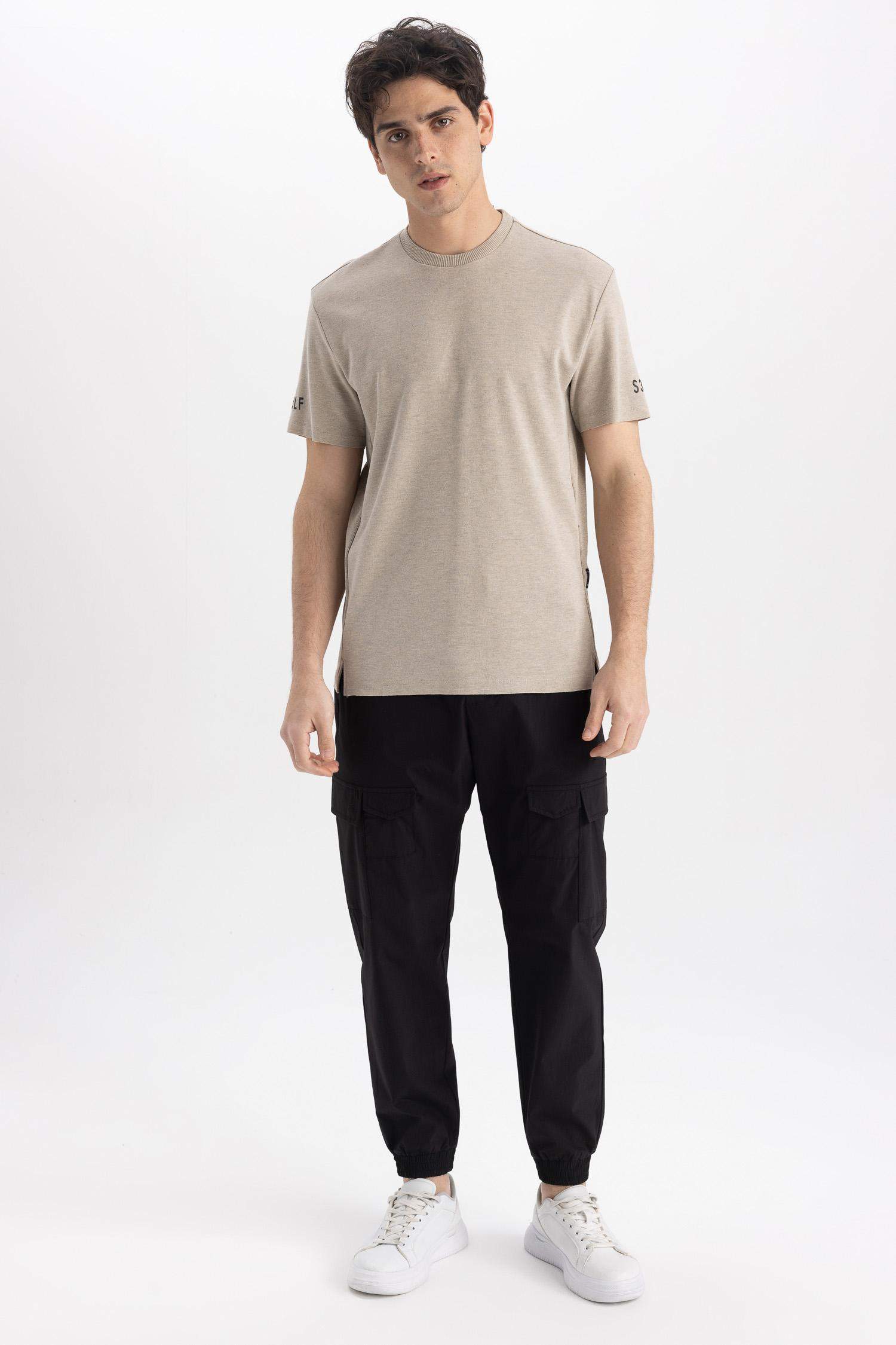 تي شيرت بريميوم بيزك نص كم قصة عادية برقبة مستديرة ميلانج فيزوني