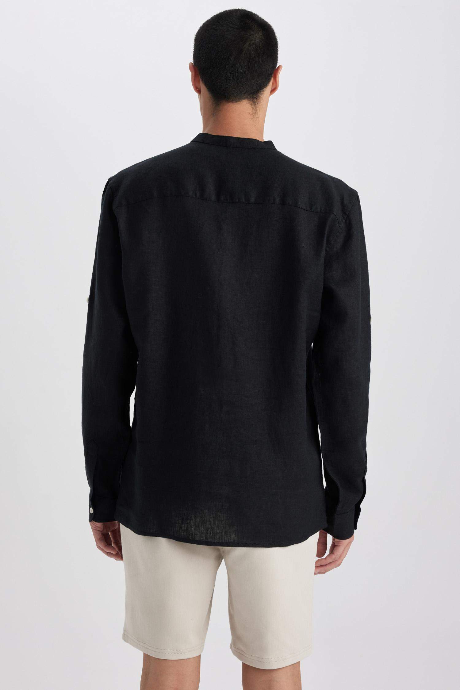 قميص ردن طويل كتان مودرن فيت بياقة عالية