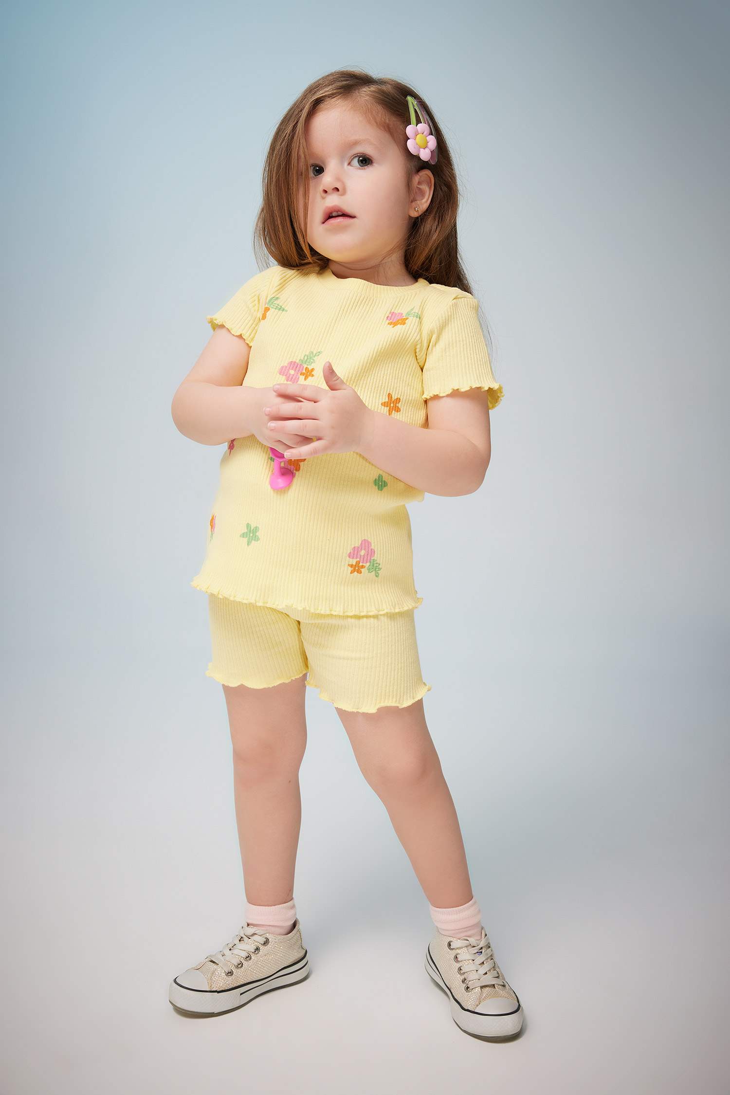 Yellow BABY GIRL Baby Girl Floral Ribbed Camisole Short Sleeve TShirt