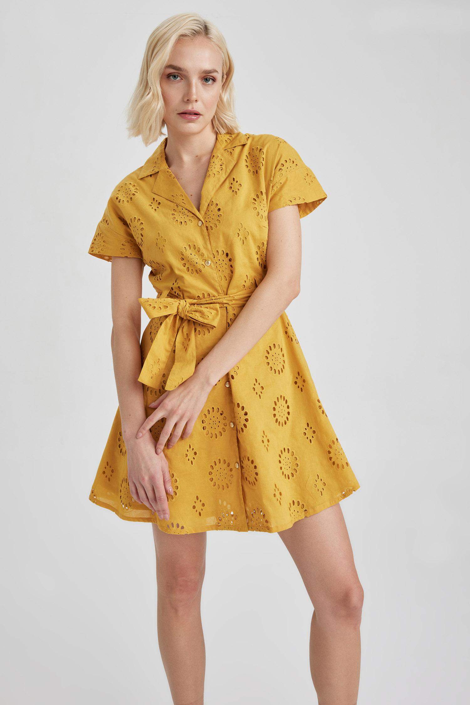 Jacket Collar Embroidery Short Sleeve Mini Dress