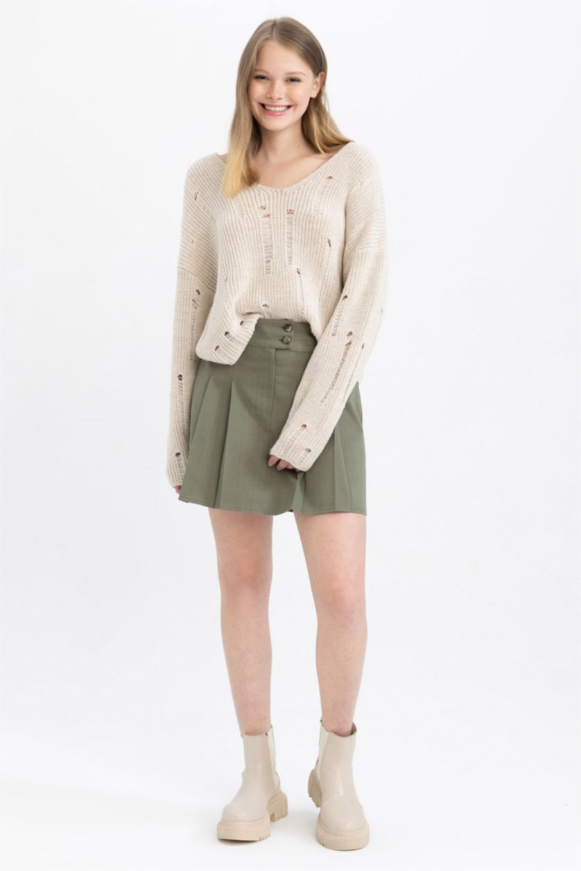 WOMAN Light Khaki Pleat Gabardine Mini Skirt