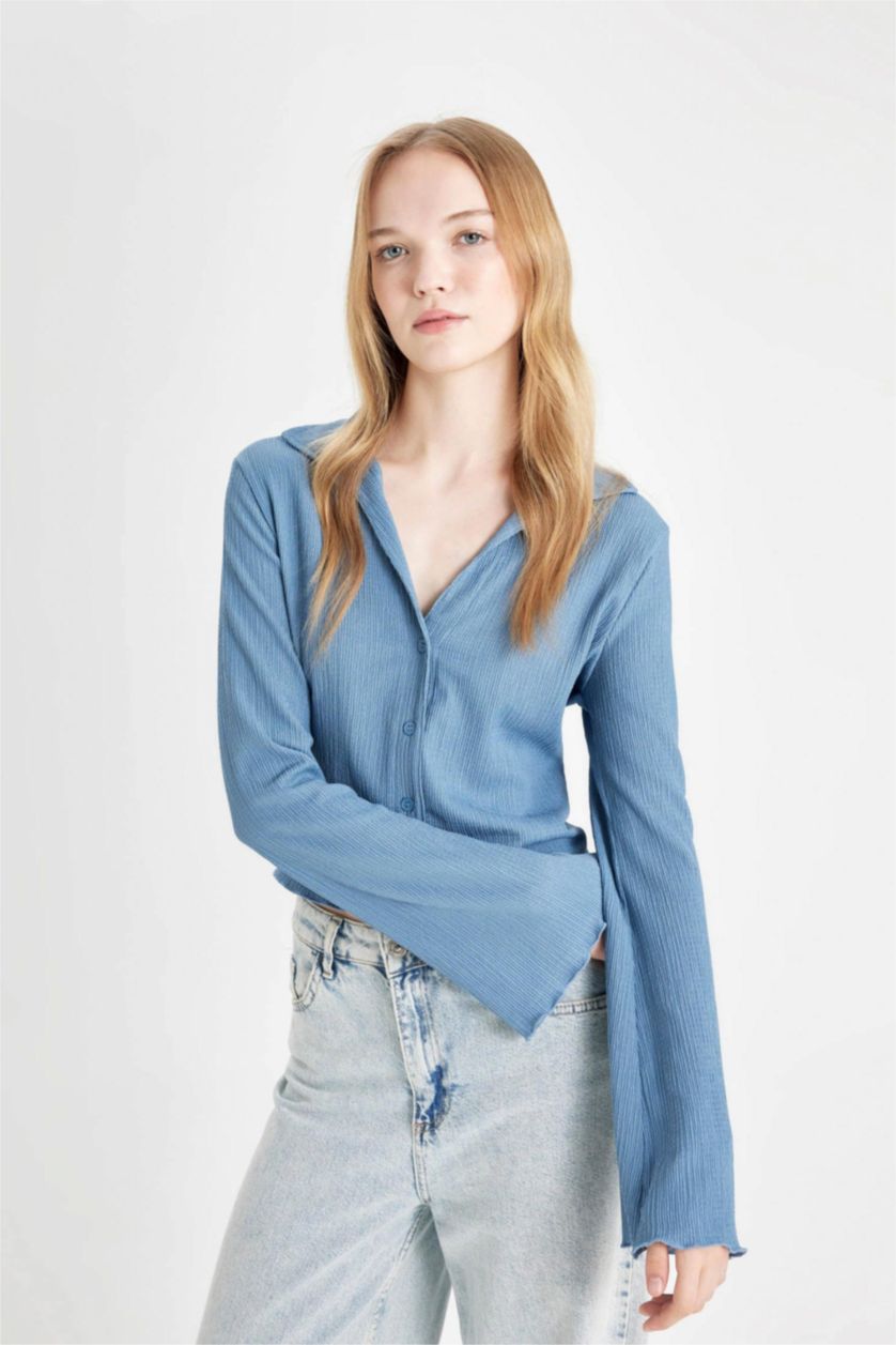 WOMAN Blue Fitted Long Sleeve Crop Shirt